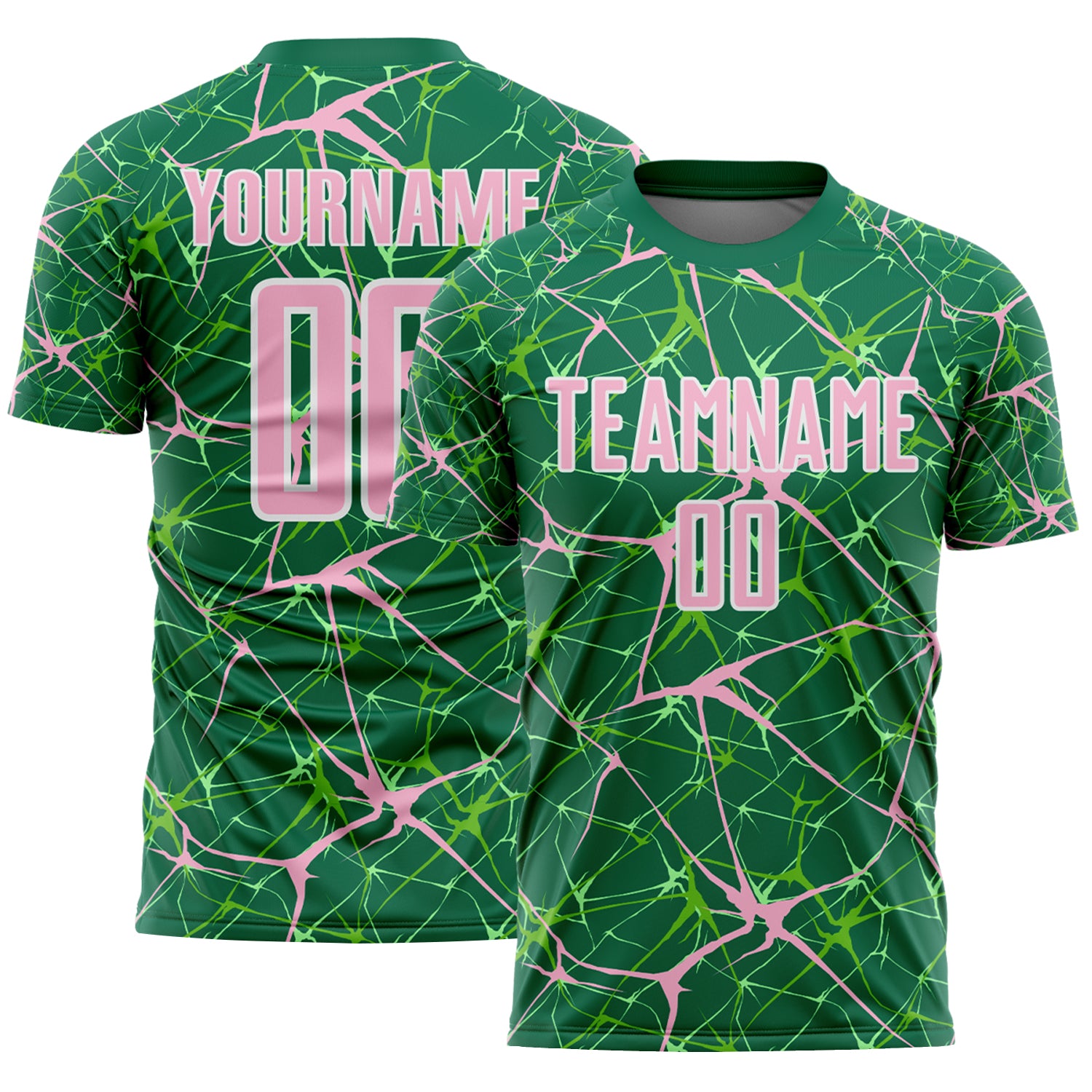 Custom Kelly Green Light Pink-White Abstract Network Crackle Sublimation Soccer Uniform Jersey