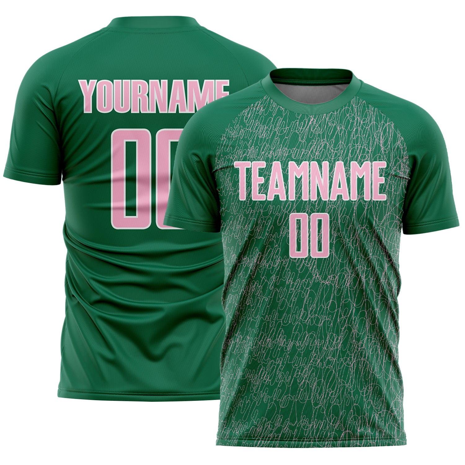 Custom Kelly Green Light Pink-White Abstract Scribble Curve Line Pattern Sports Sublimation Soccer Uniform Jersey