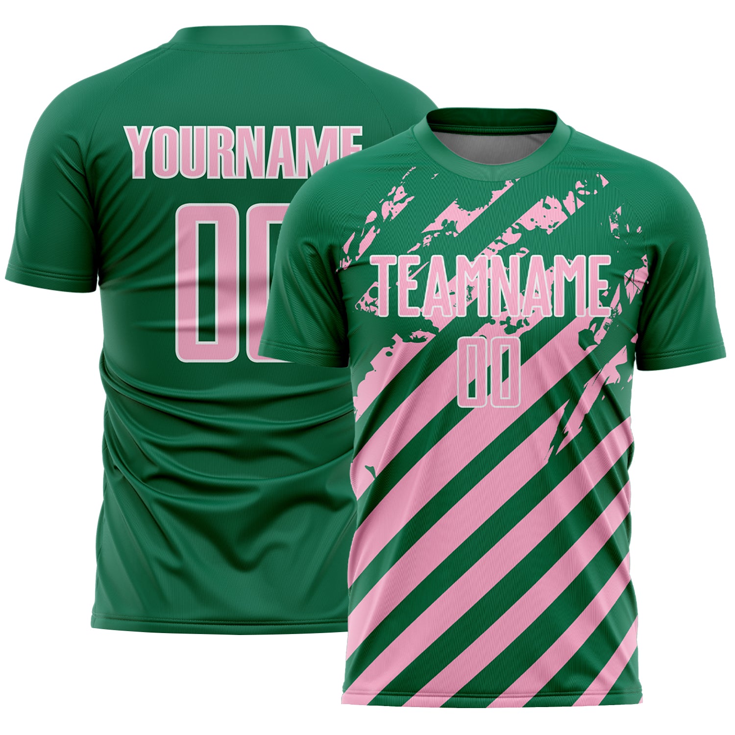 Custom Kelly Green Light Pink-White Distressed Diagonal Stripe Pattern Sports Sublimation Soccer Uniform Jersey