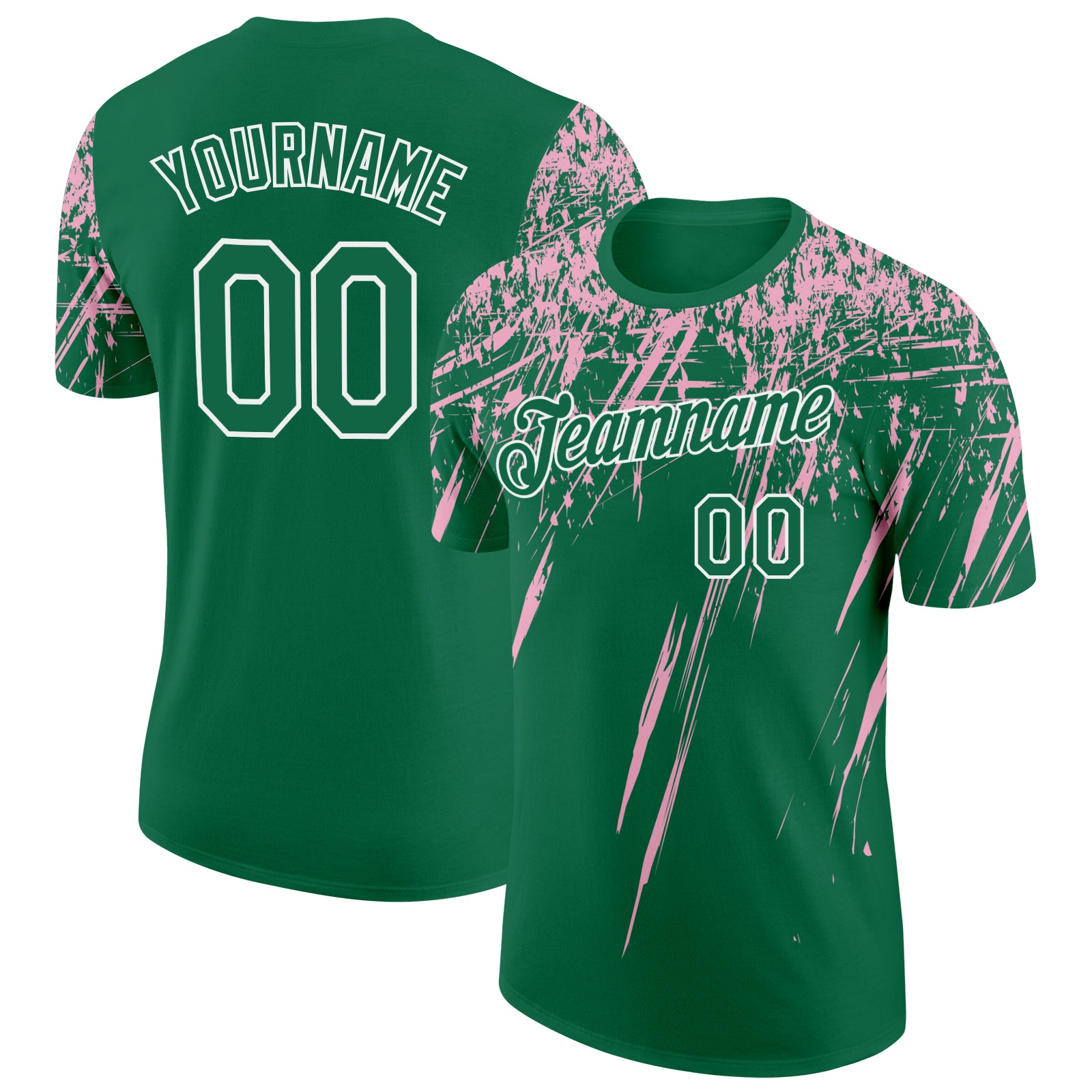 Custom Kelly Green Light Pink-White Distressed Scratch Brush Stroke Performance T-Shirt