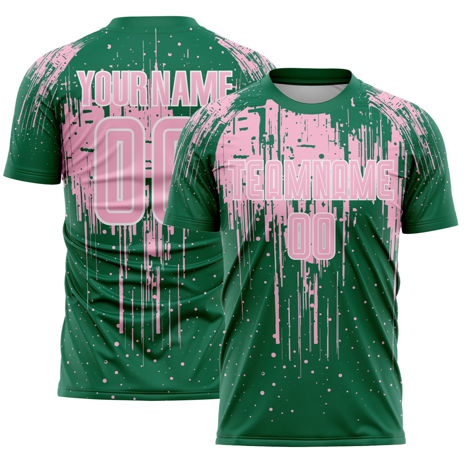 Custom Kelly Green Light Pink-White Dripping Splatte Pattern Sports Sublimation Soccer Uniform Jersey