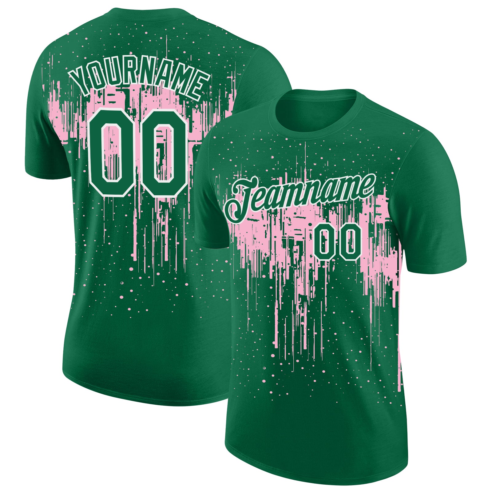 Custom Kelly Green Light Pink-White Dripping Splatter Paint Performance T-Shirt