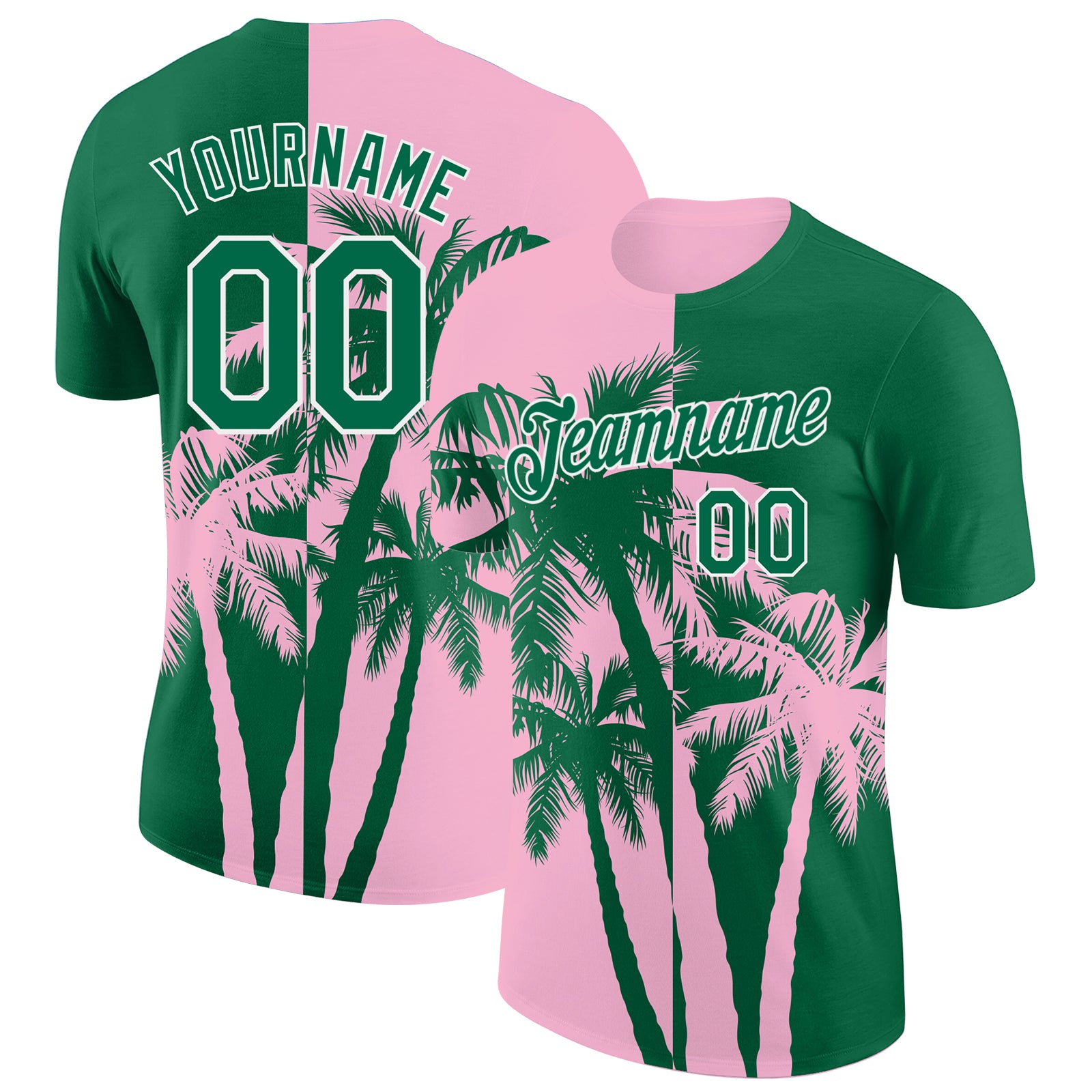 Custom Kelly Green Light Pink-White Hawaii Tropical Coastal Palm Trees Performance T-Shirt