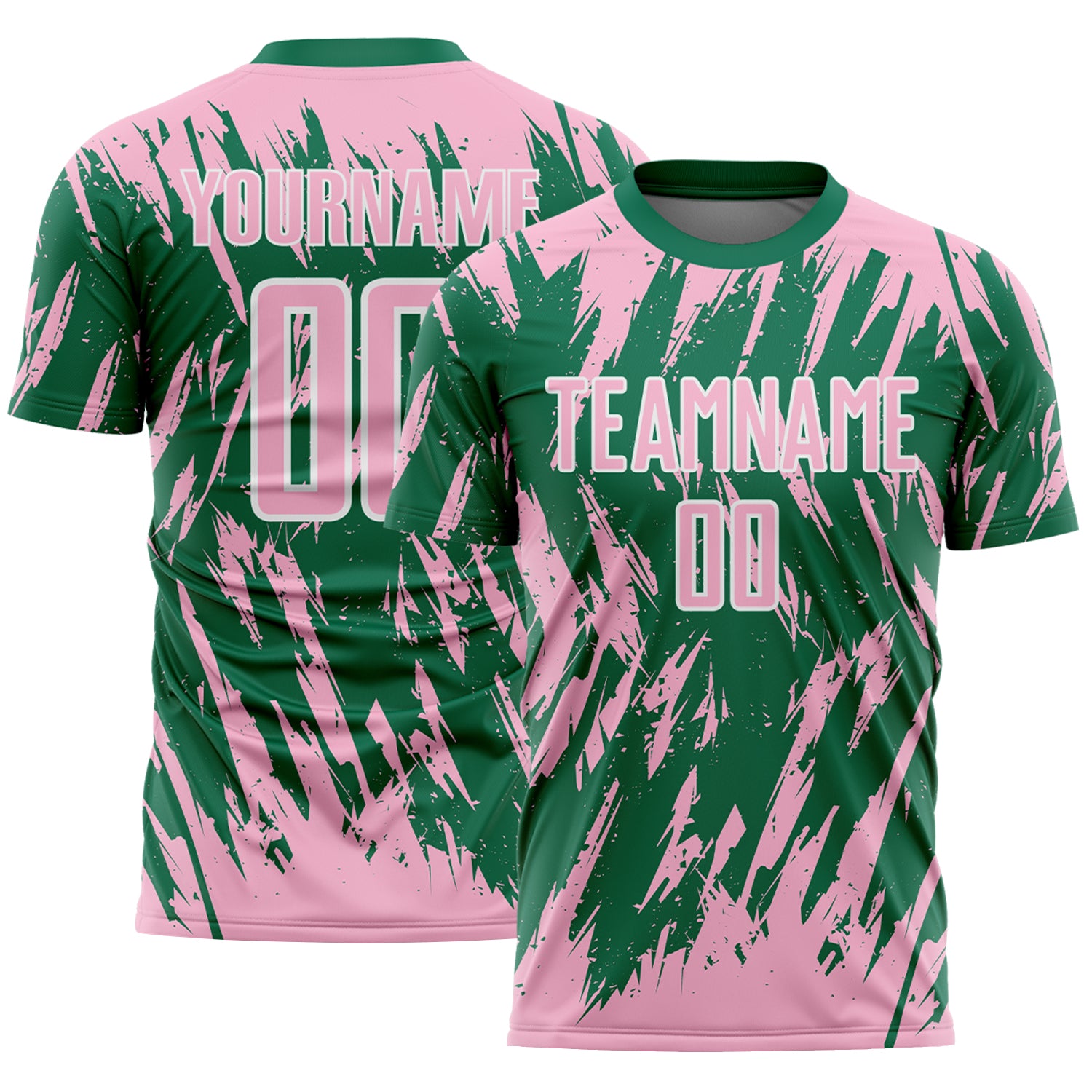 Custom Kelly Green Light Pink-White Splatter Torn Sharp Brush Stroke Sublimation Soccer Uniform Jersey