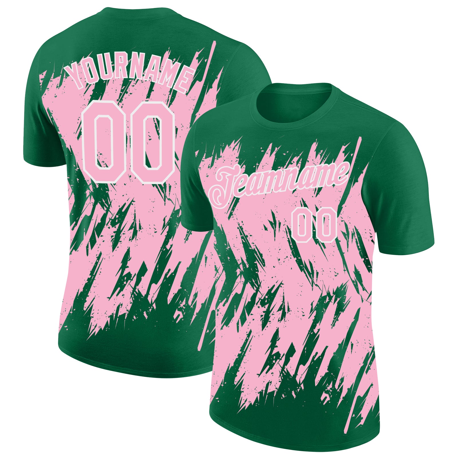 Custom Kelly Green Light Pink-White Torn Sharp Brush Stroke Splatter Performance T-Shirt