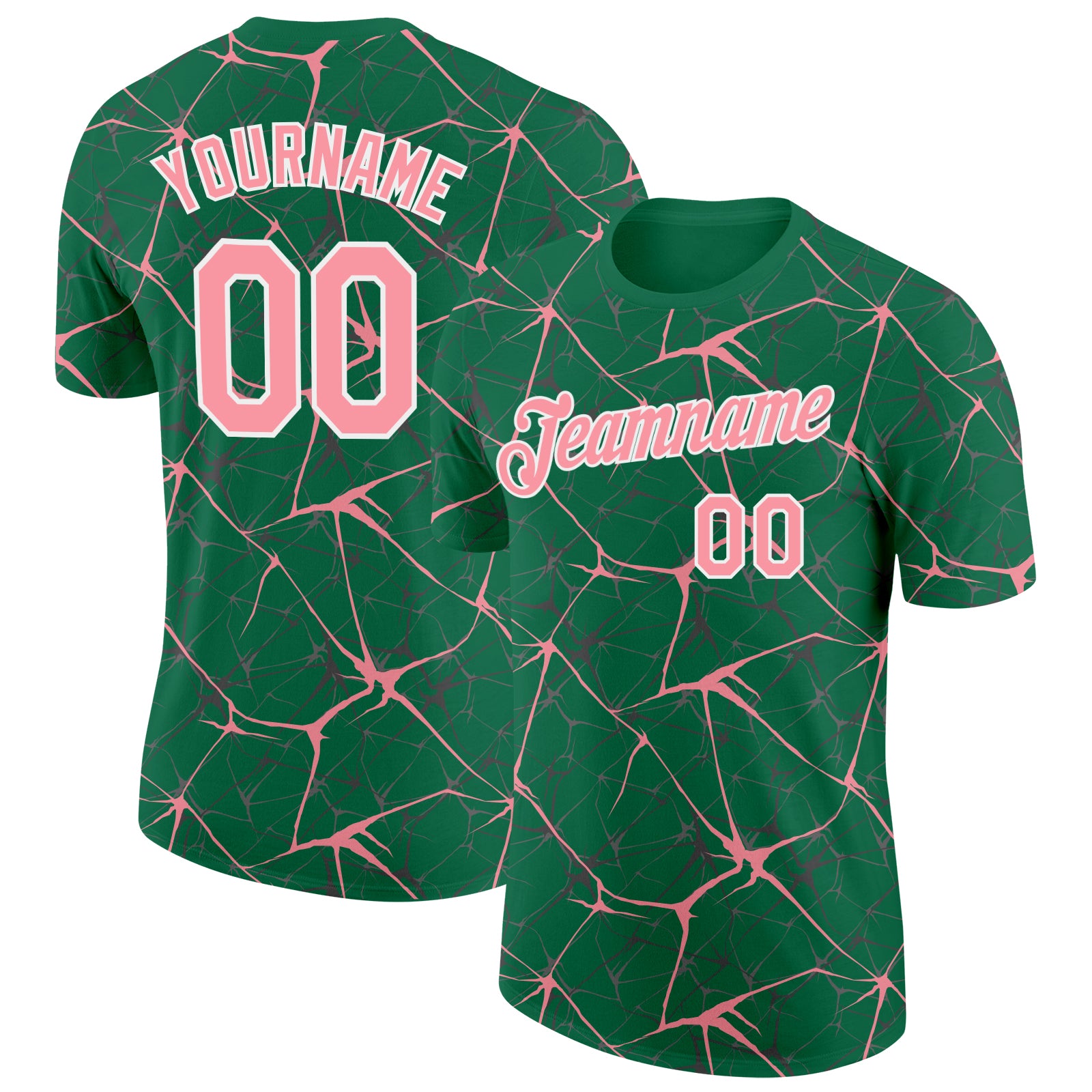 Custom Kelly Green Medium Pink Gray-White Abstract Network Crackle Performance T-Shirt