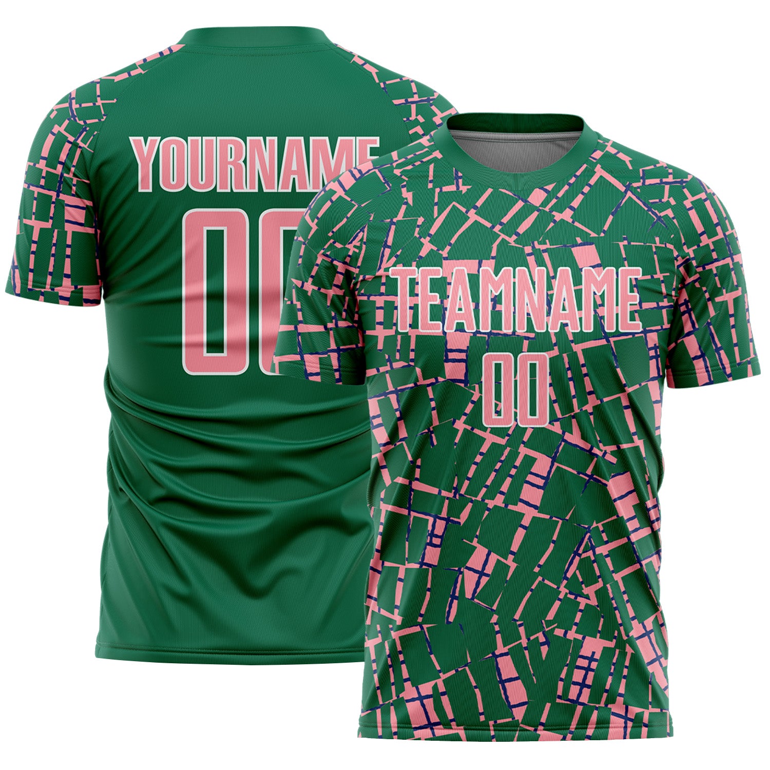 Custom Kelly Green Medium Pink-White Abstract Line Sports Sublimation Soccer Uniform Jersey