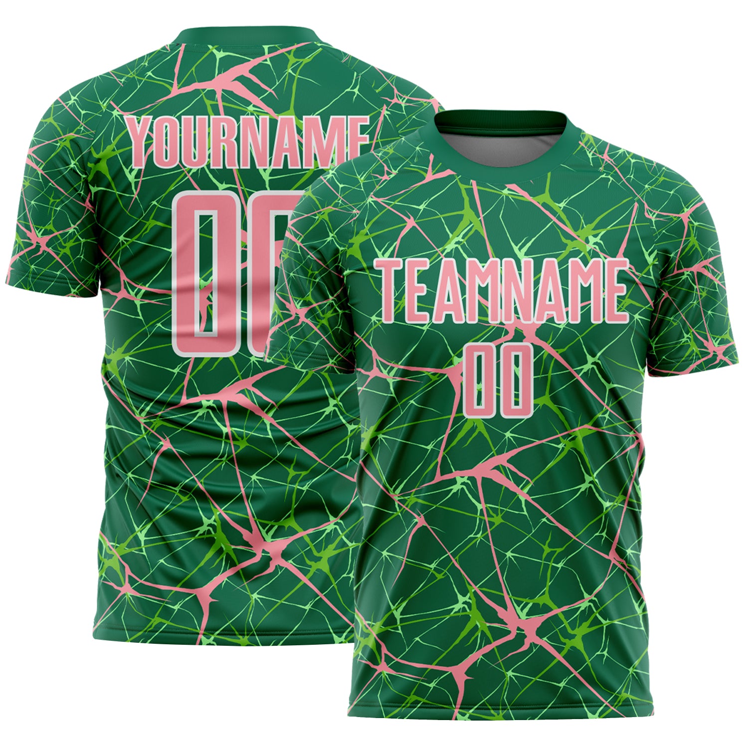Custom Kelly Green Medium Pink-White Abstract Network Crackle Sublimation Soccer Uniform Jersey