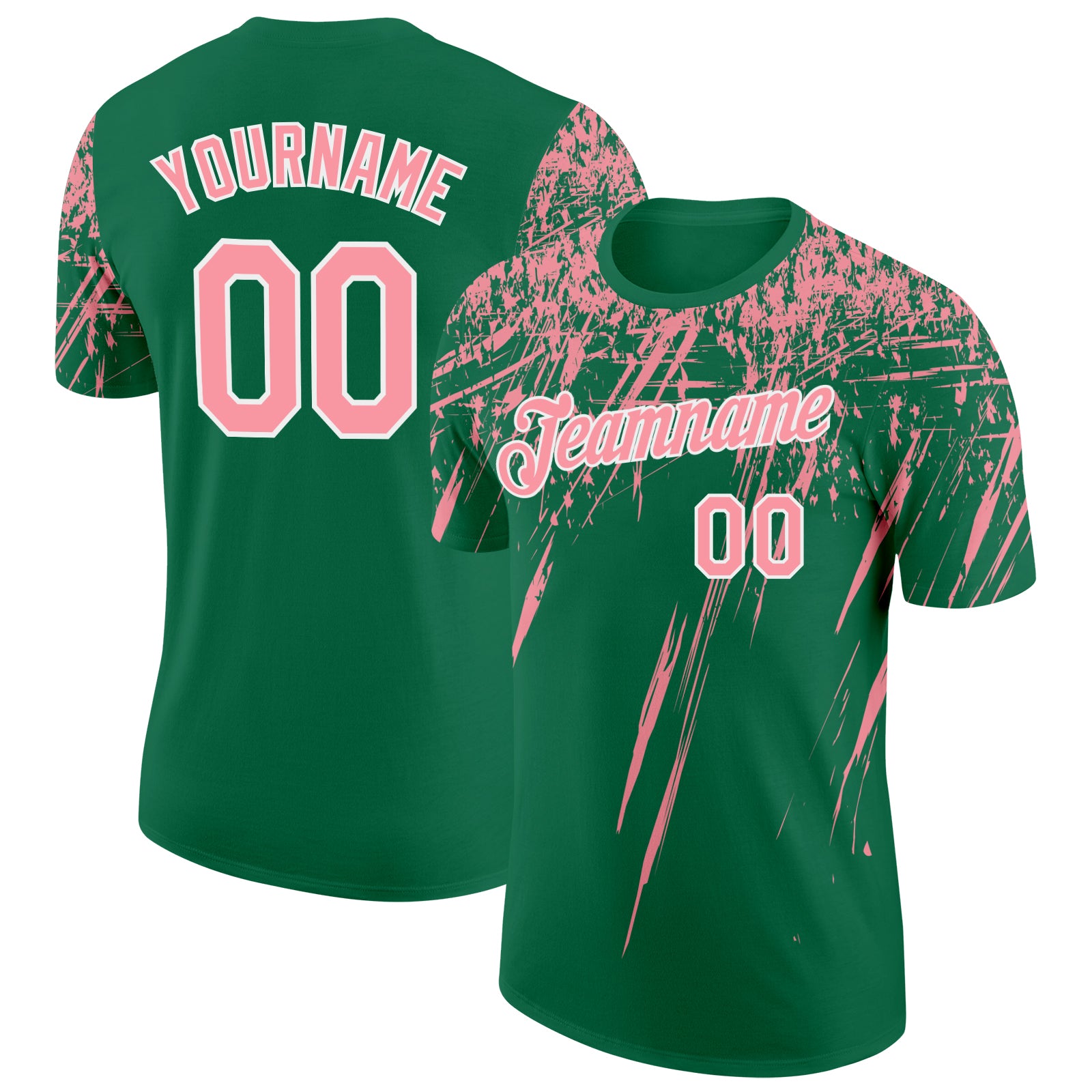 Custom Kelly Green Medium Pink-White Distressed Scratch Brush Stroke Performance T-Shirt