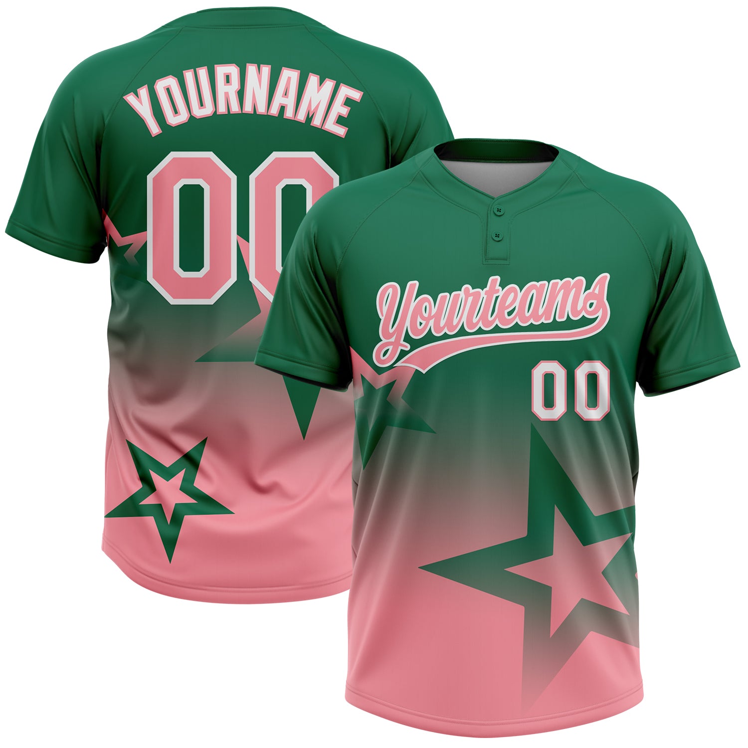 Custom Kelly Green Medium Pink-White Gradient Style Twinkle Star Two-Button Unisex Softball Jersey