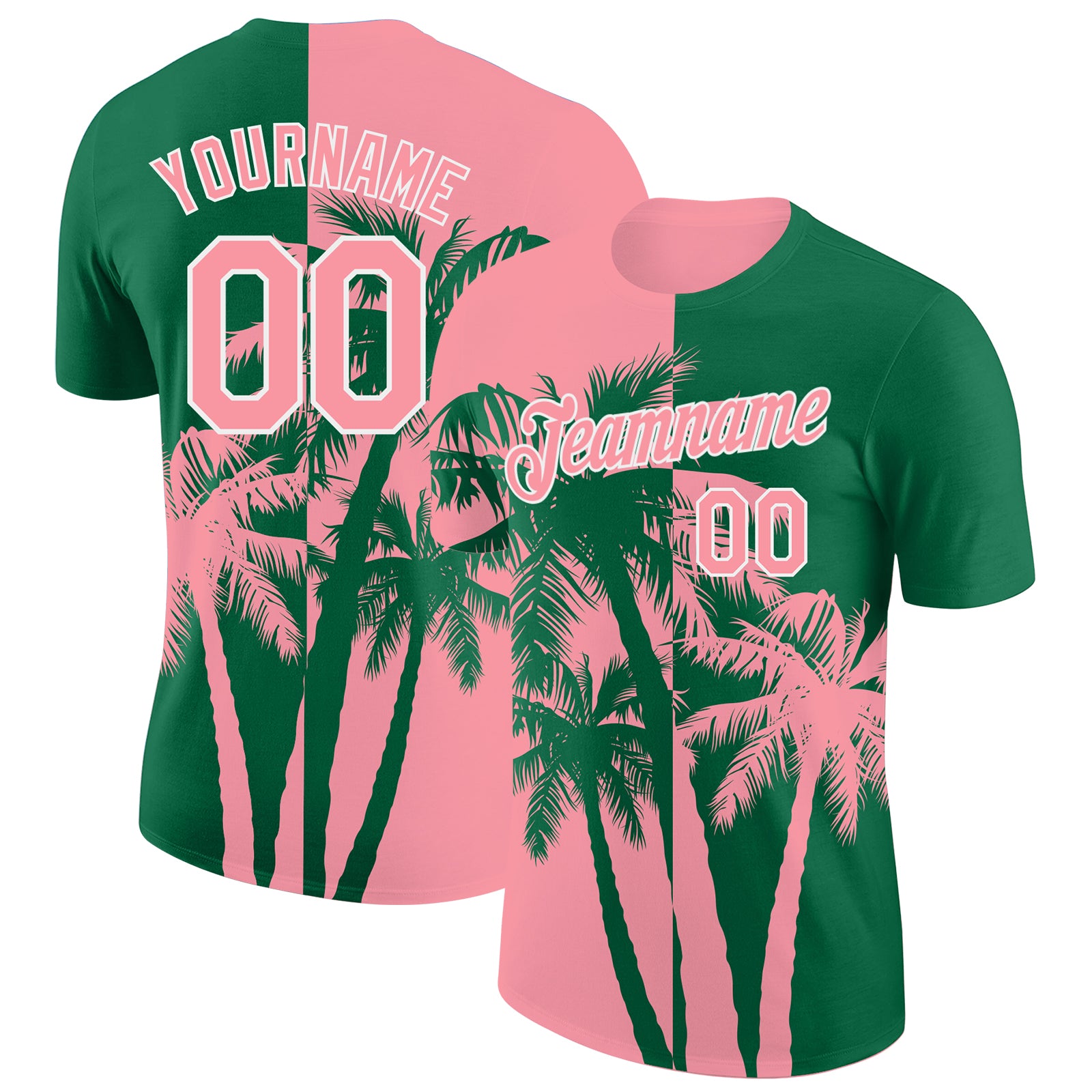 Custom Kelly Green Medium Pink-White Hawaii Tropical Coastal Palm Trees Performance T-Shirt