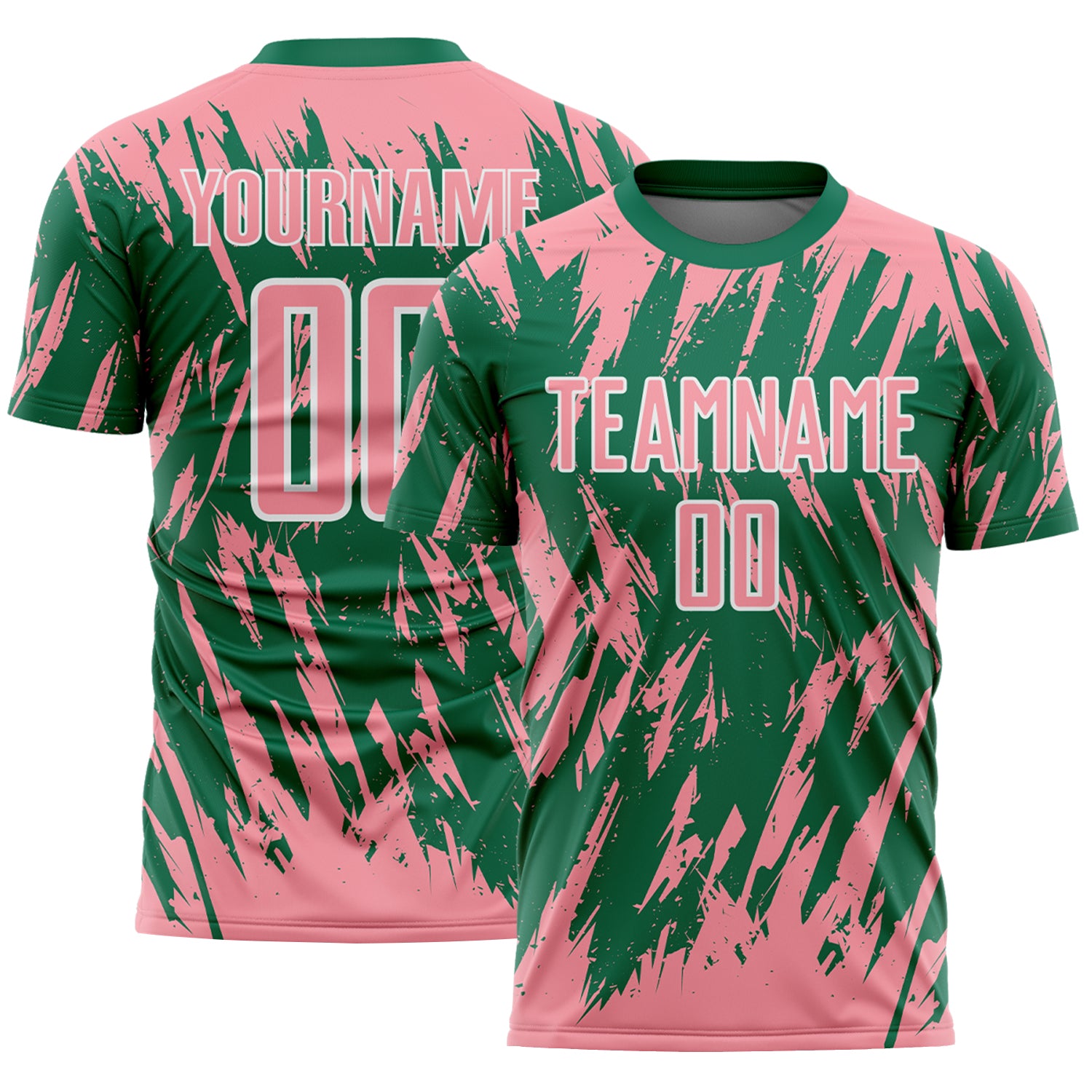 Custom Kelly Green Medium Pink-White Splatter Torn Sharp Brush Stroke Sublimation Soccer Uniform Jersey