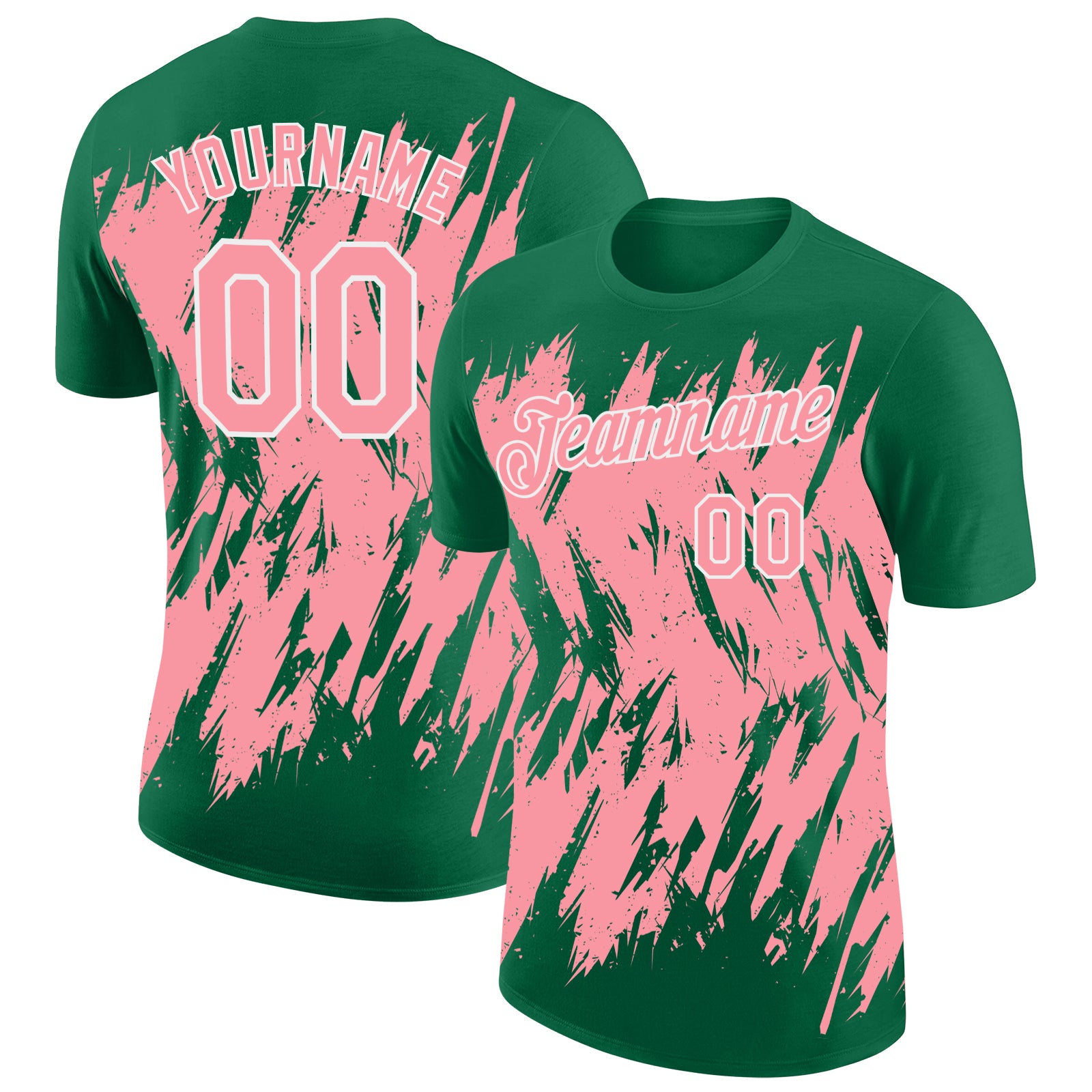 Custom Kelly Green Medium Pink-White Torn Sharp Brush Stroke Splatter Performance T-Shirt