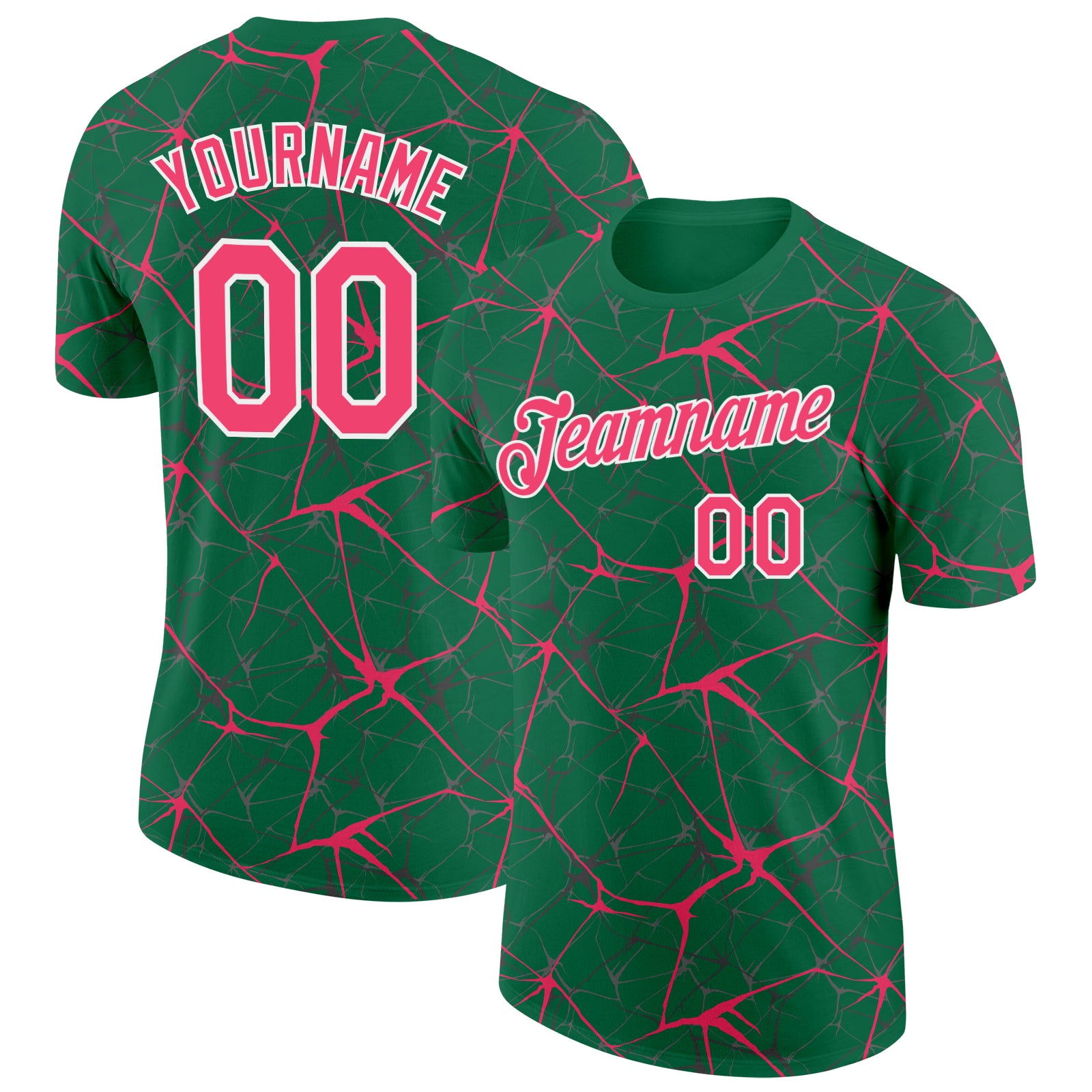Custom Kelly Green Neon Pink Gray-White Abstract Network Crackle Performance T-Shirt