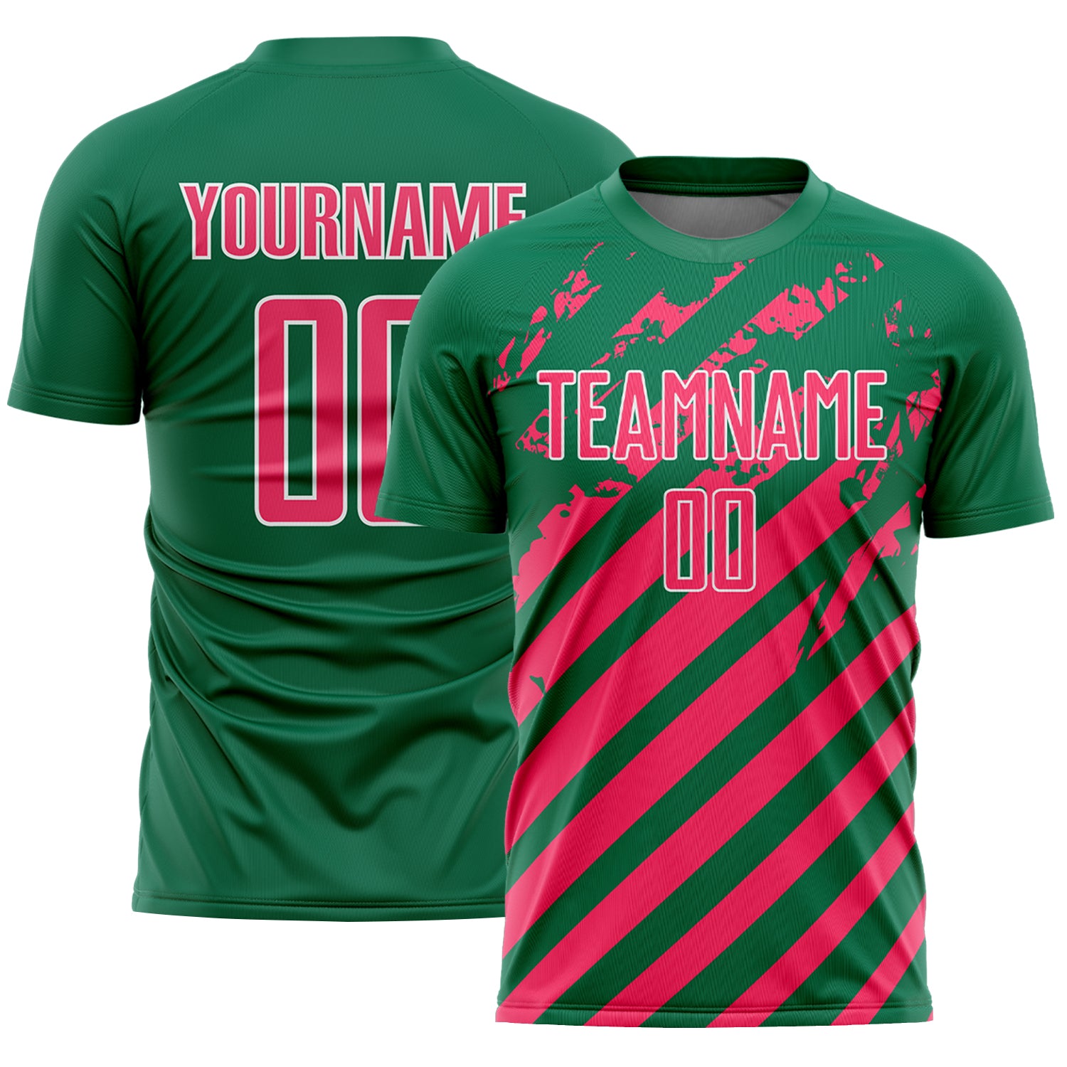 Custom Kelly Green Neon Pink-White Distressed Diagonal Stripe Pattern Sports Sublimation Soccer Uniform Jersey