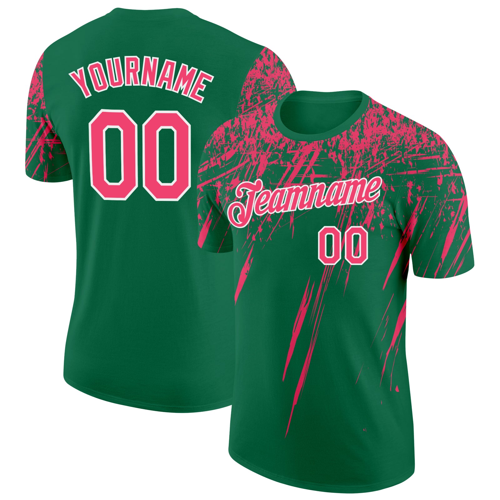 Custom Kelly Green Neon Pink-White Distressed Scratch Brush Stroke Performance T-Shirt