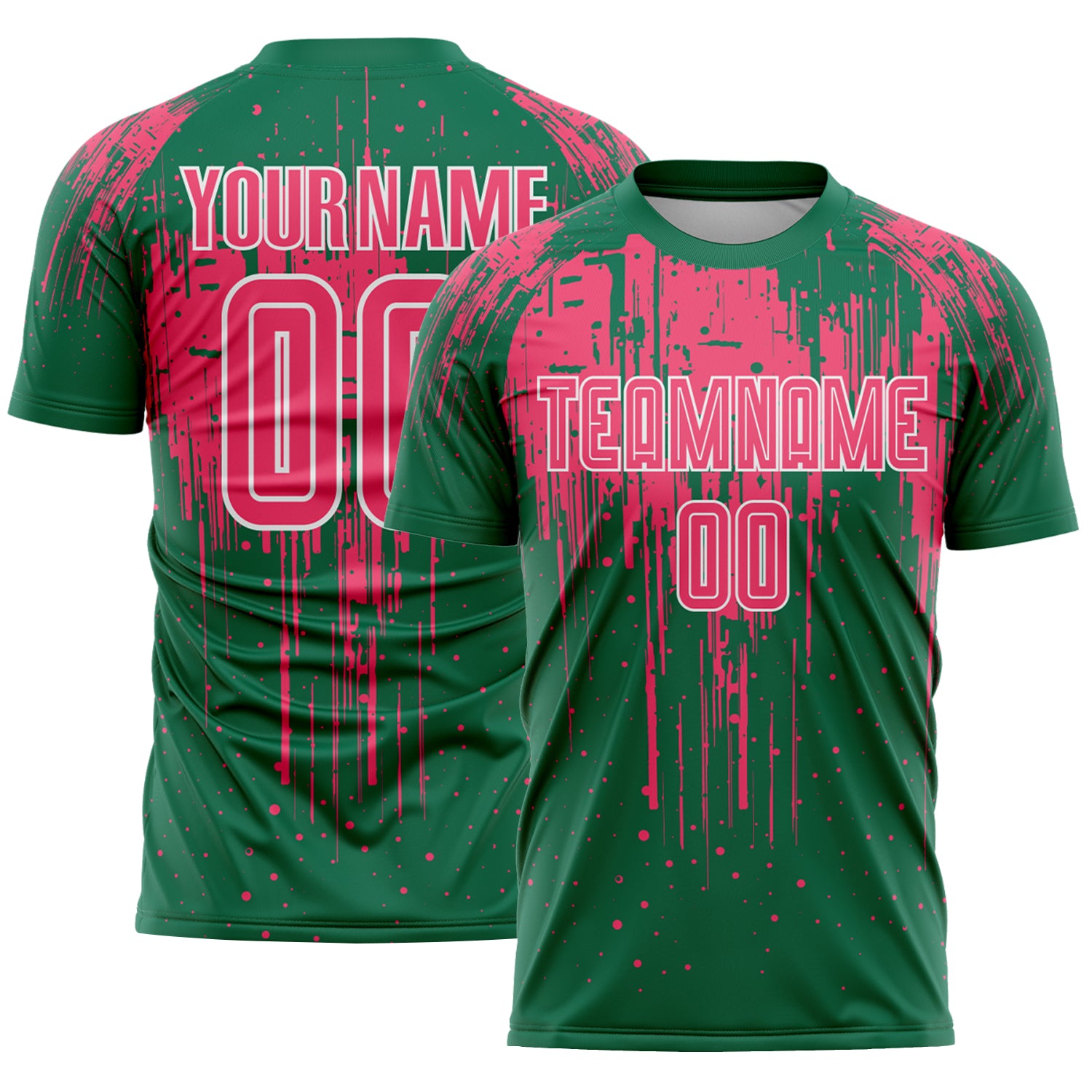 Custom Kelly Green Neon Pink-White Dripping Splatte Pattern Sports Sublimation Soccer Uniform Jersey