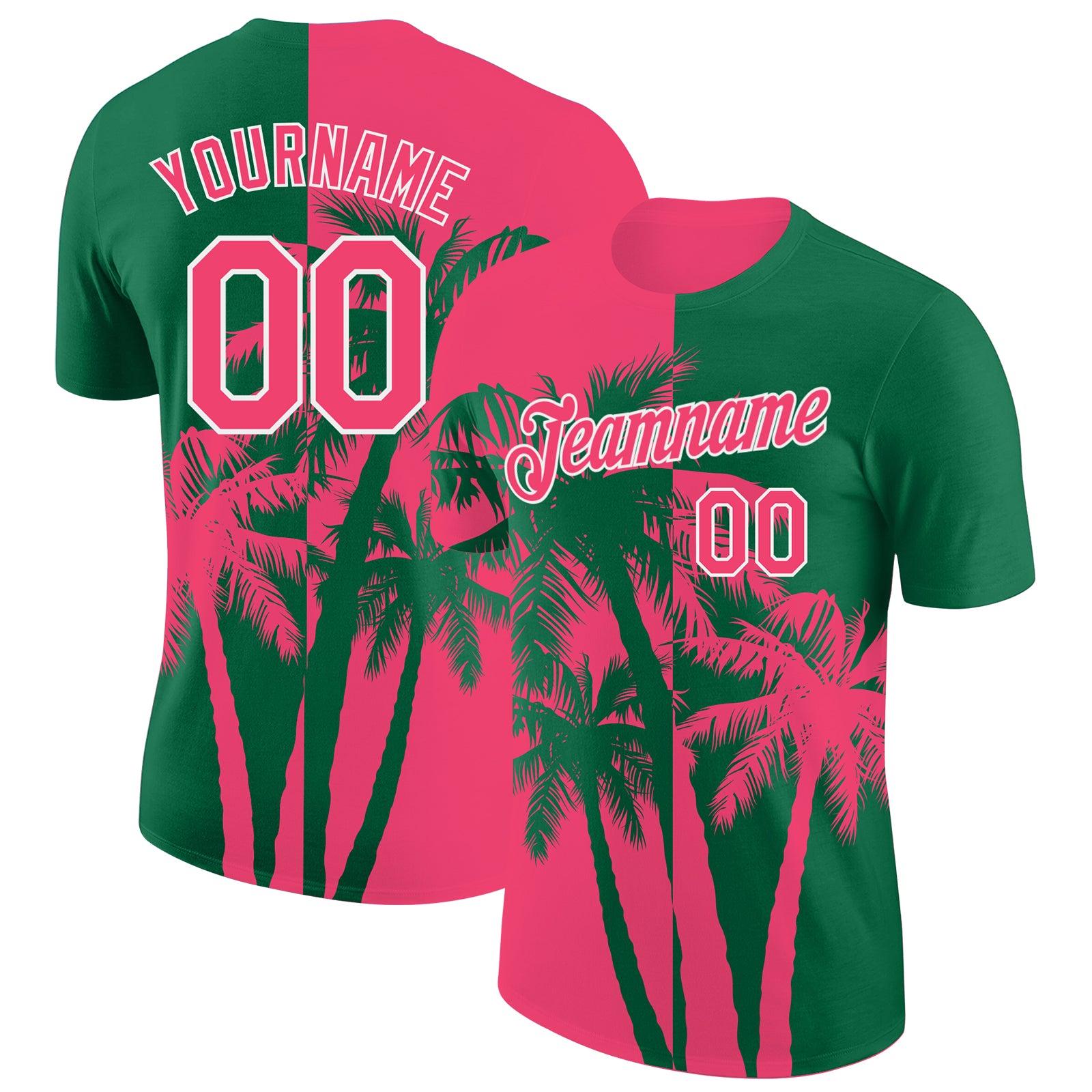 Custom Kelly Green Neon Pink-White Hawaii Tropical Coastal Palm Trees Performance T-Shirt