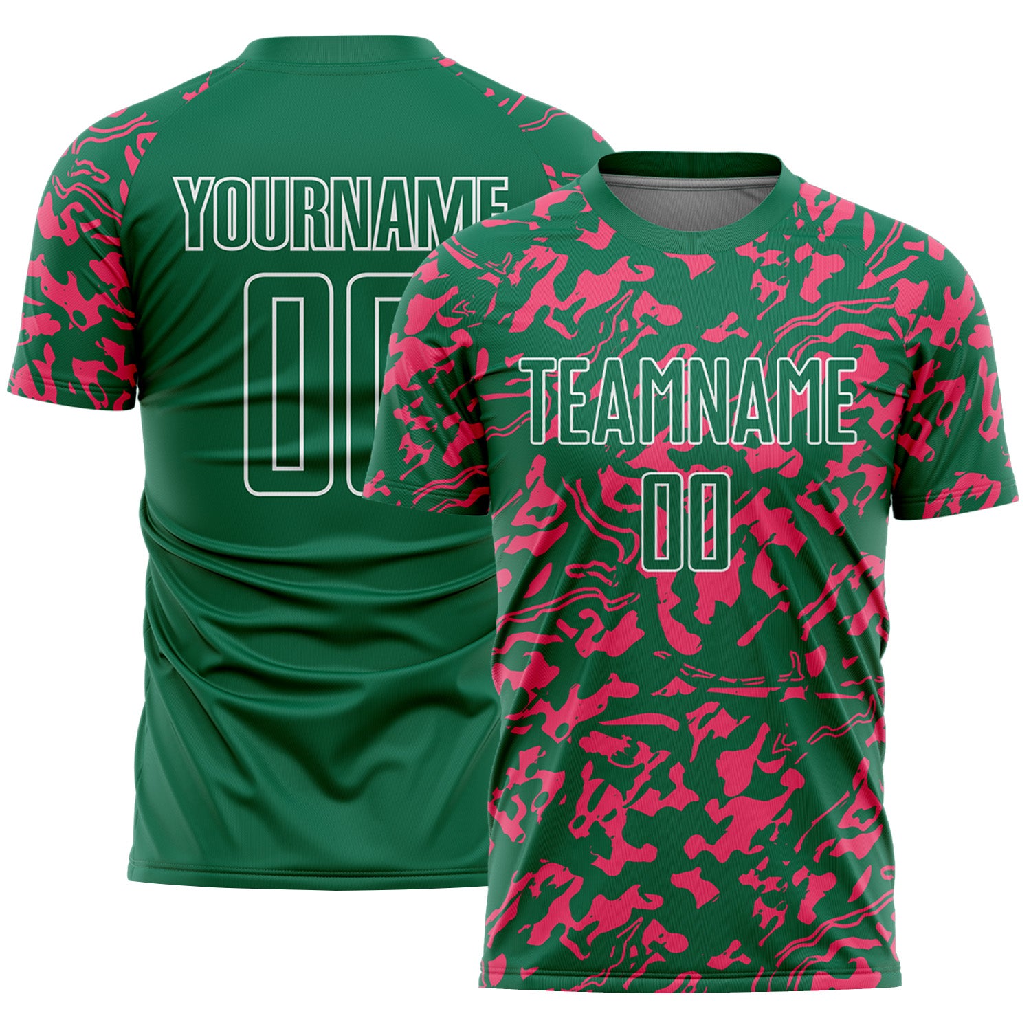 Custom Kelly Green Neon Pink-White Liquid Fluid Pattern Sports Sublimation Soccer Uniform Jersey