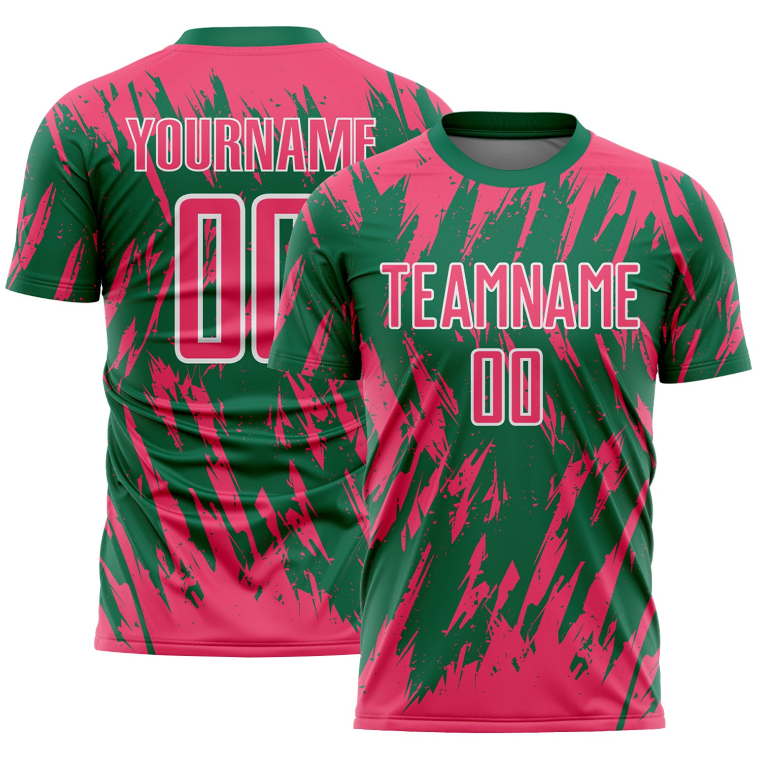 Custom Kelly Green Neon Pink-White Splatter Torn Sharp Brush Stroke Sublimation Soccer Uniform Jersey