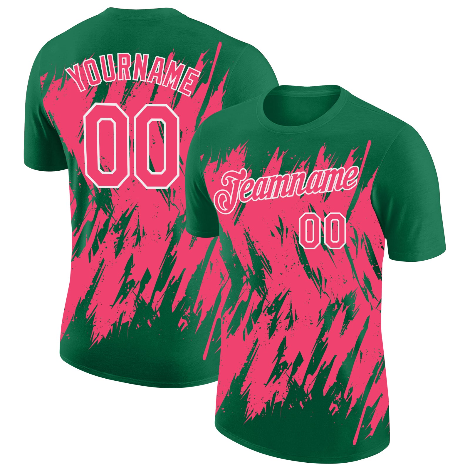 Custom Kelly Green Neon Pink-White Torn Sharp Brush Stroke Splatter Performance T-Shirt