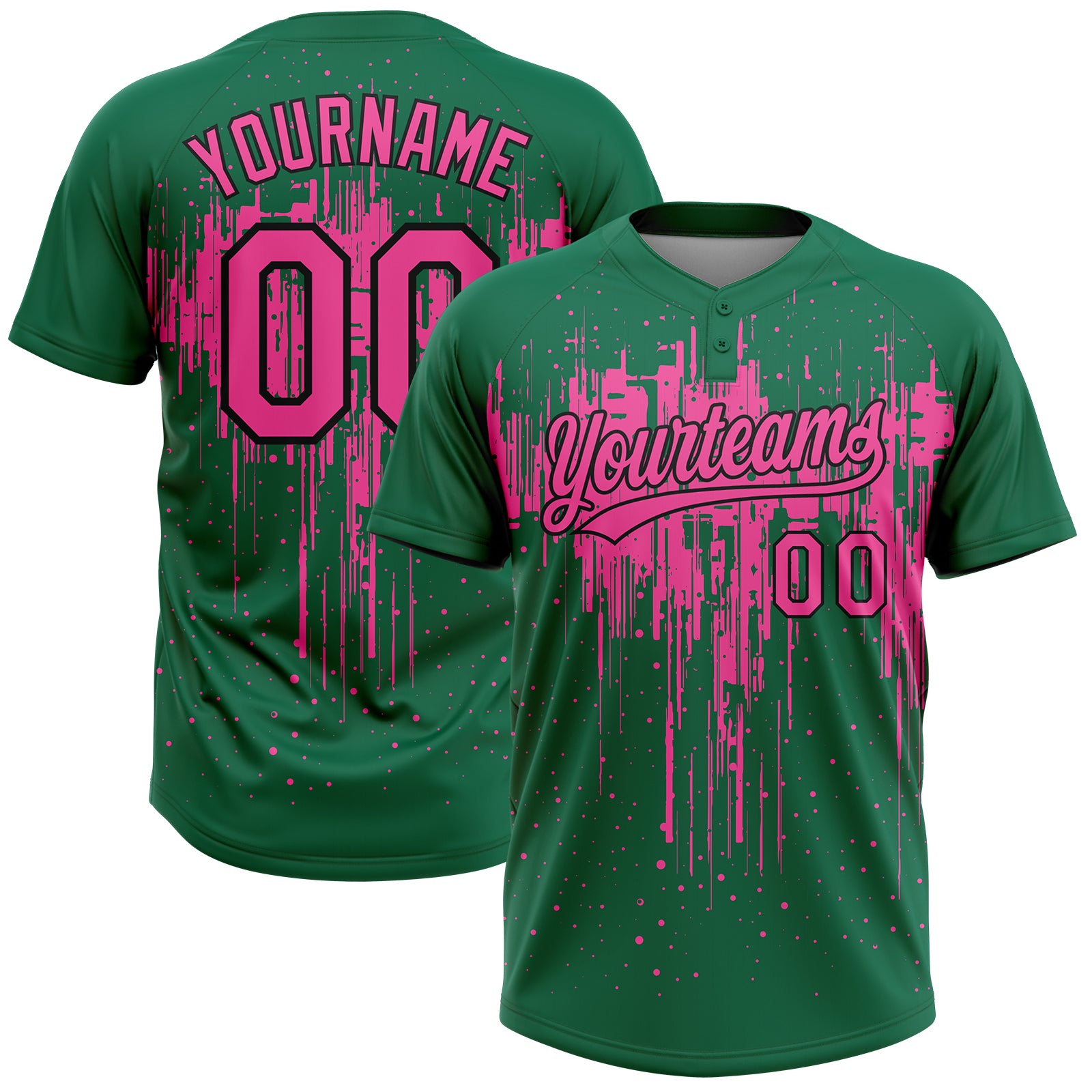 Custom Kelly Green Pink-Black Dripping Splatter Paint Two-Button Unisex Softball Jersey