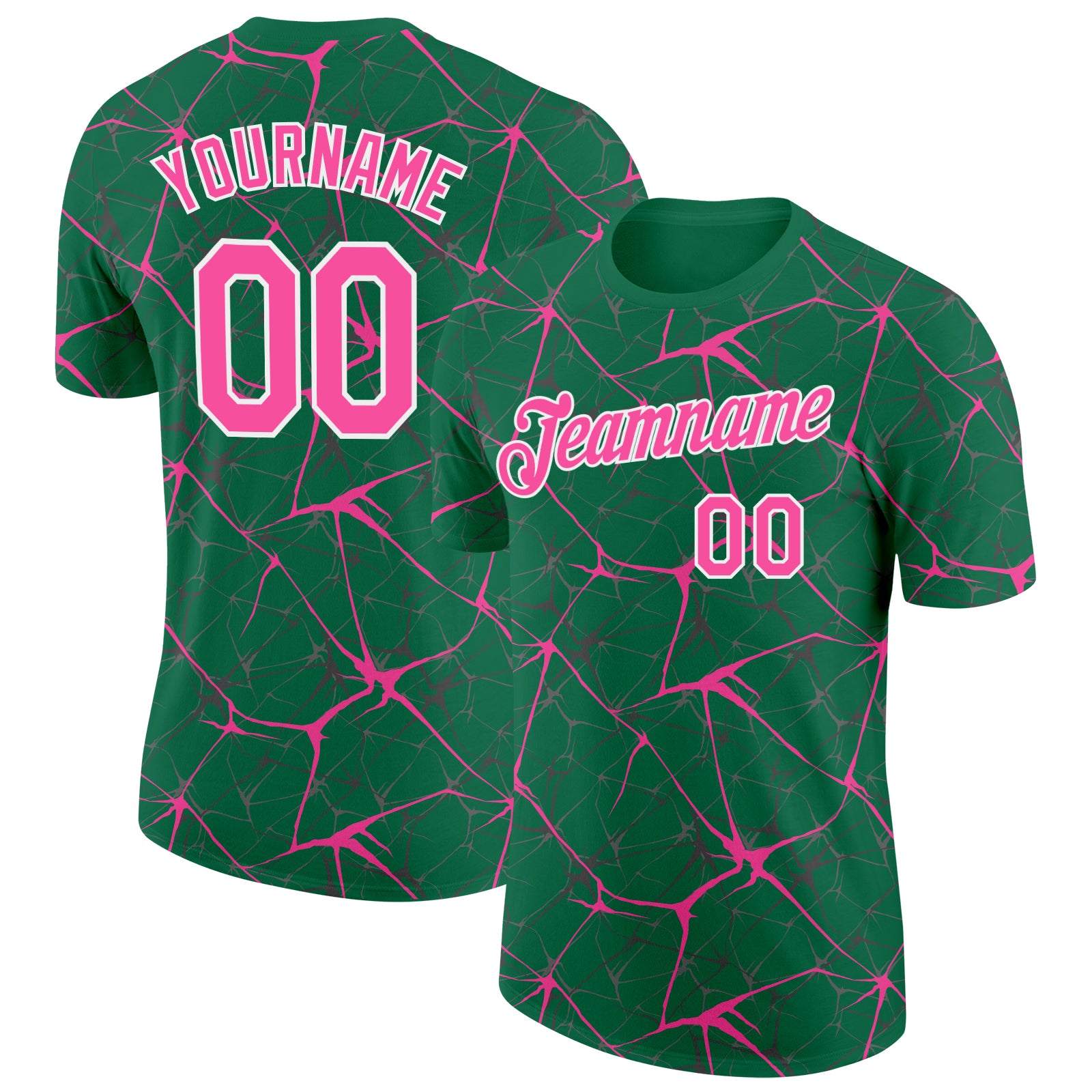 Custom Kelly Green Pink Gray-White Abstract Network Crackle Performance T-Shirt
