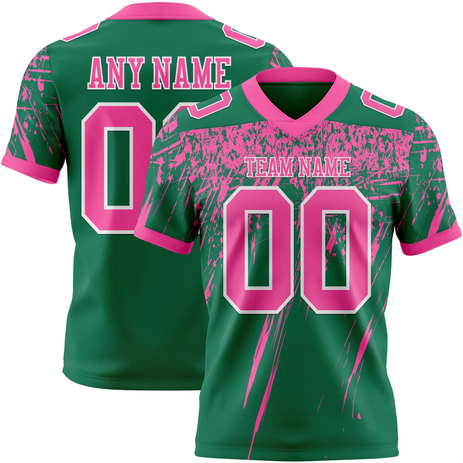Custom Kelly Green Pink-White Authentic Distressed Scratch Brush Stroke Football Jersey