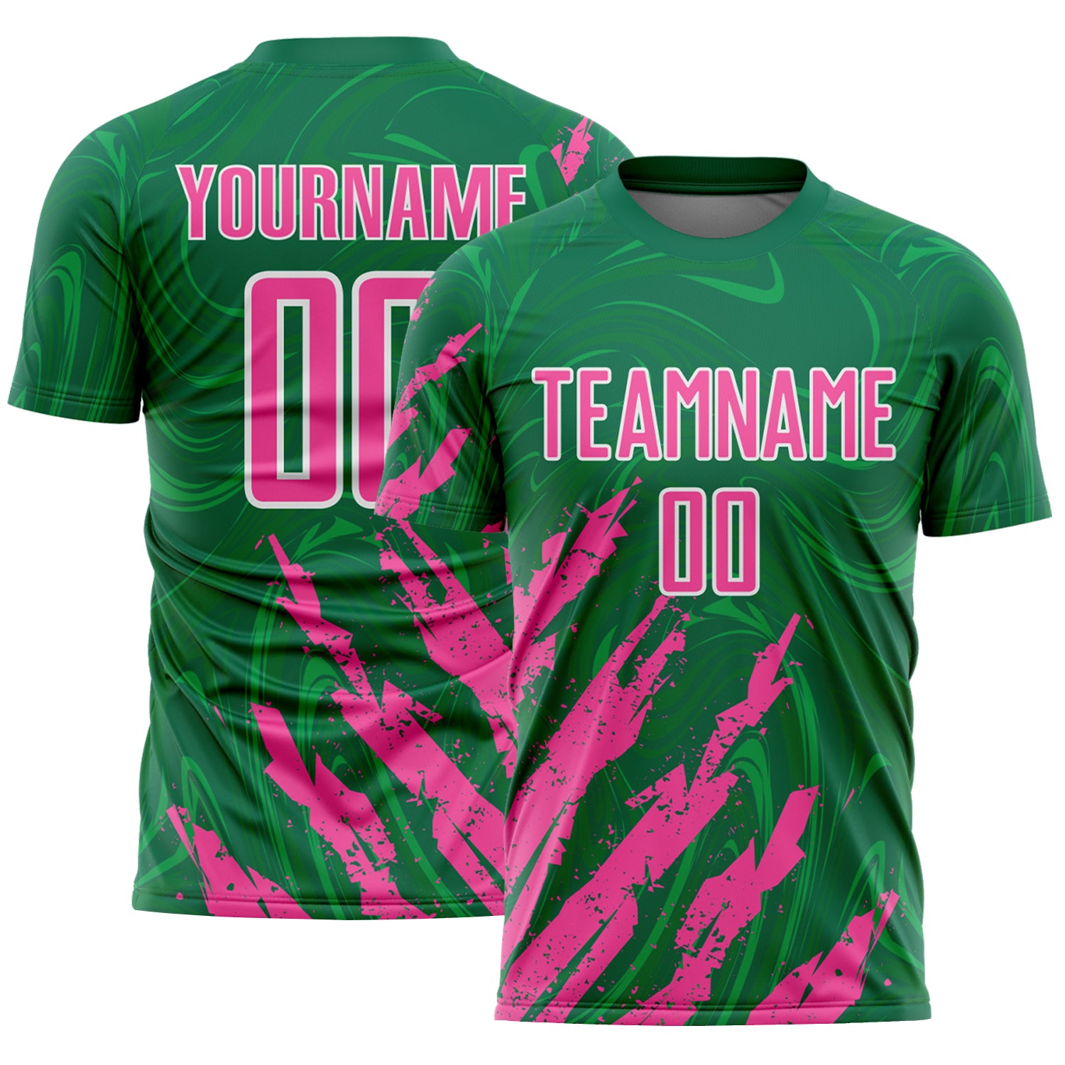 Custom Kelly Green Pink-White Brush Stroke Splatter Liquid Swirl Sublimation Soccer Uniform Jersey