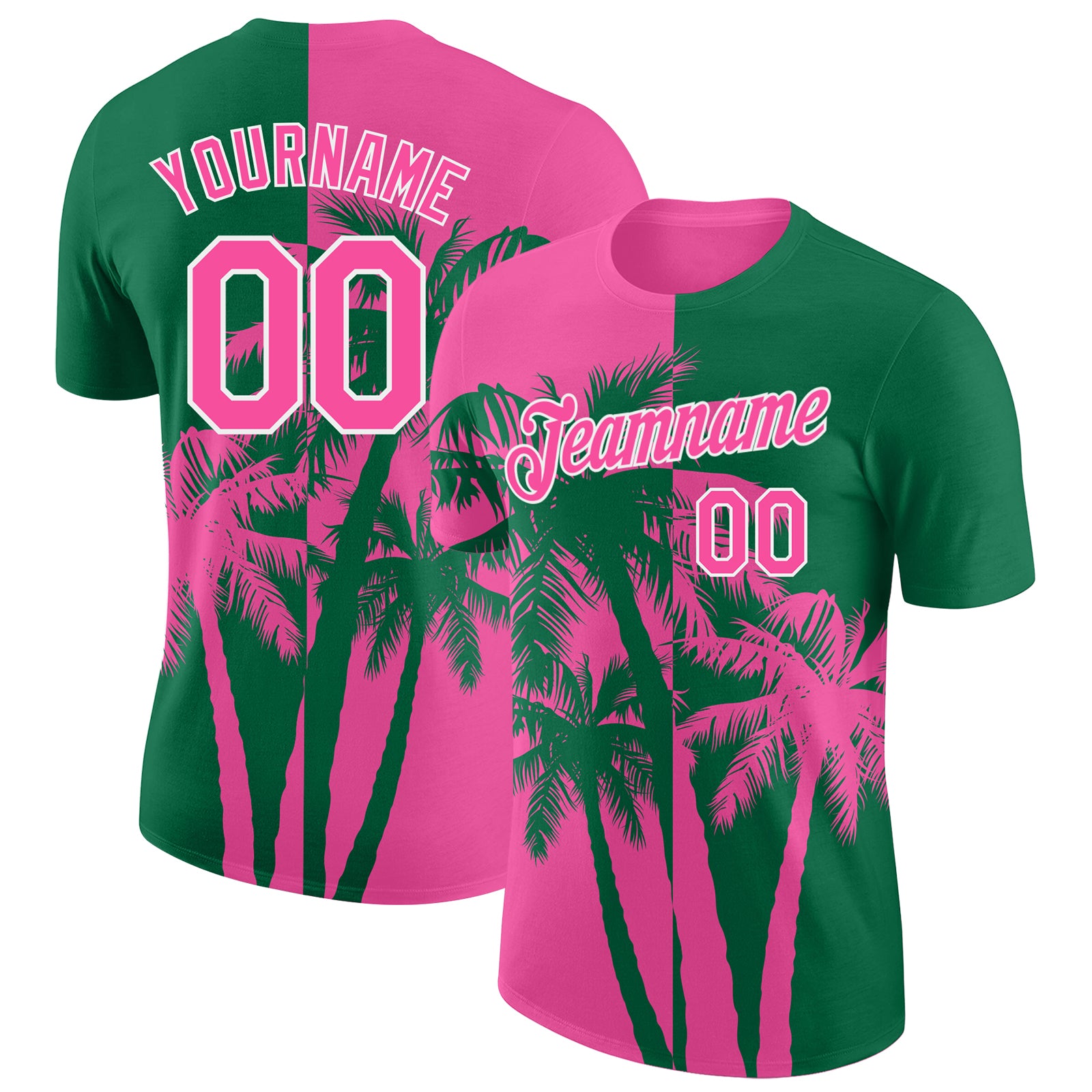 Custom Kelly Green Pink-White Hawaii Tropical Coastal Palm Trees Performance T-Shirt