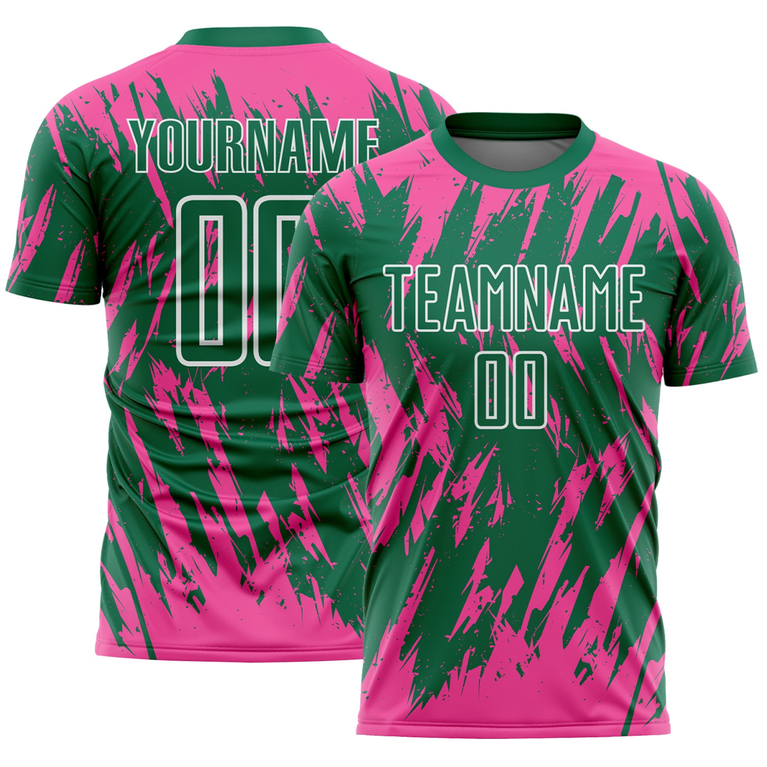 Custom Kelly Green Pink-White Splatter Torn Sharp Brush Stroke Sublimation Soccer Uniform Jersey