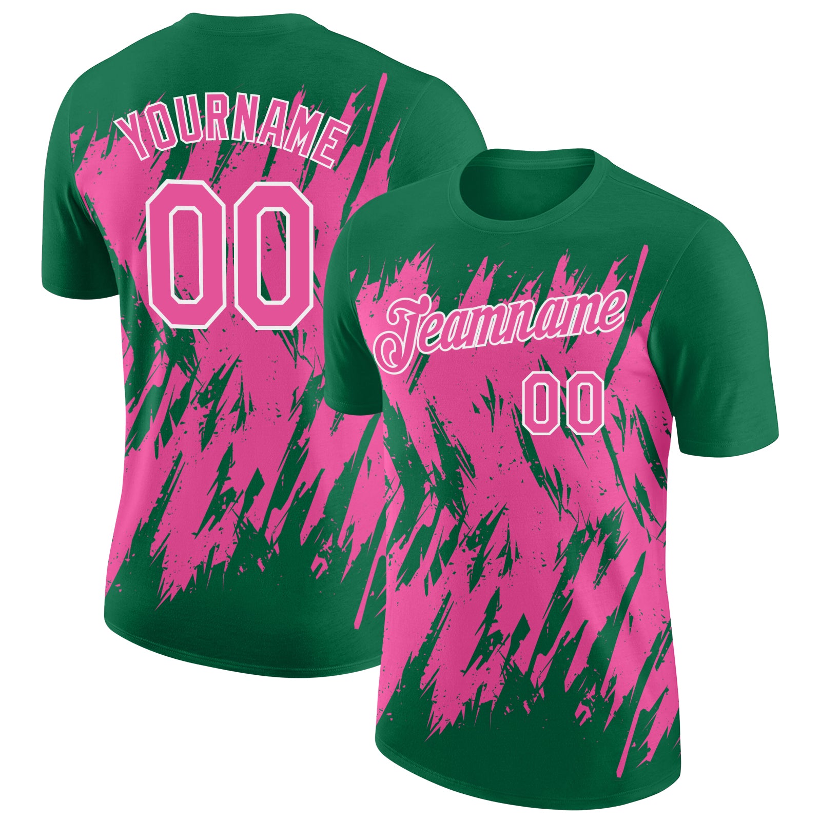 Custom Kelly Green Pink-White Torn Sharp Brush Stroke Splatter Performance T-Shirt