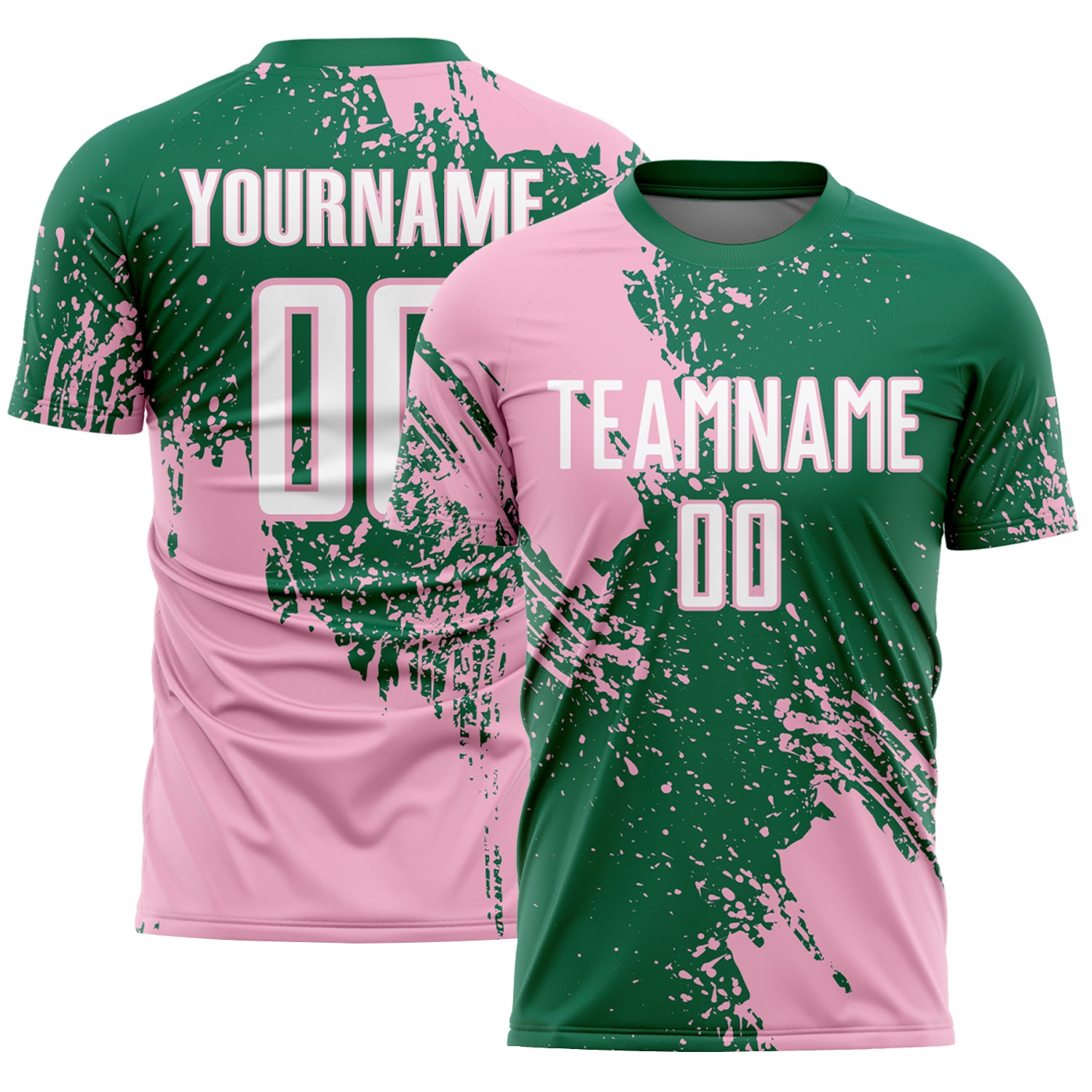 Custom Kelly Green White-Light Pink Abstract Brush Stroke Sports Sublimation Soccer Uniform Jersey