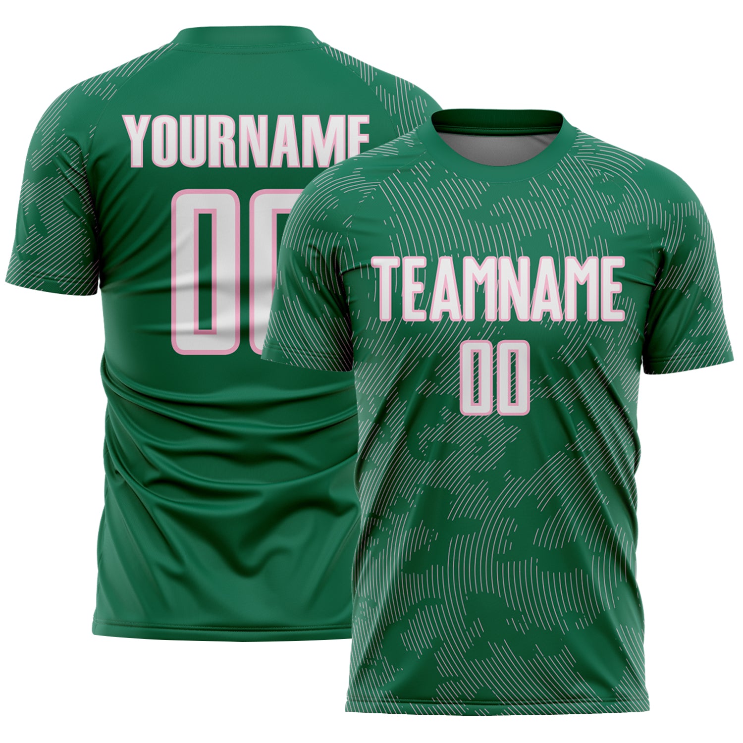 Custom Kelly Green White-Light Pink Curve Lines Sublimation Soccer Uniform Jersey