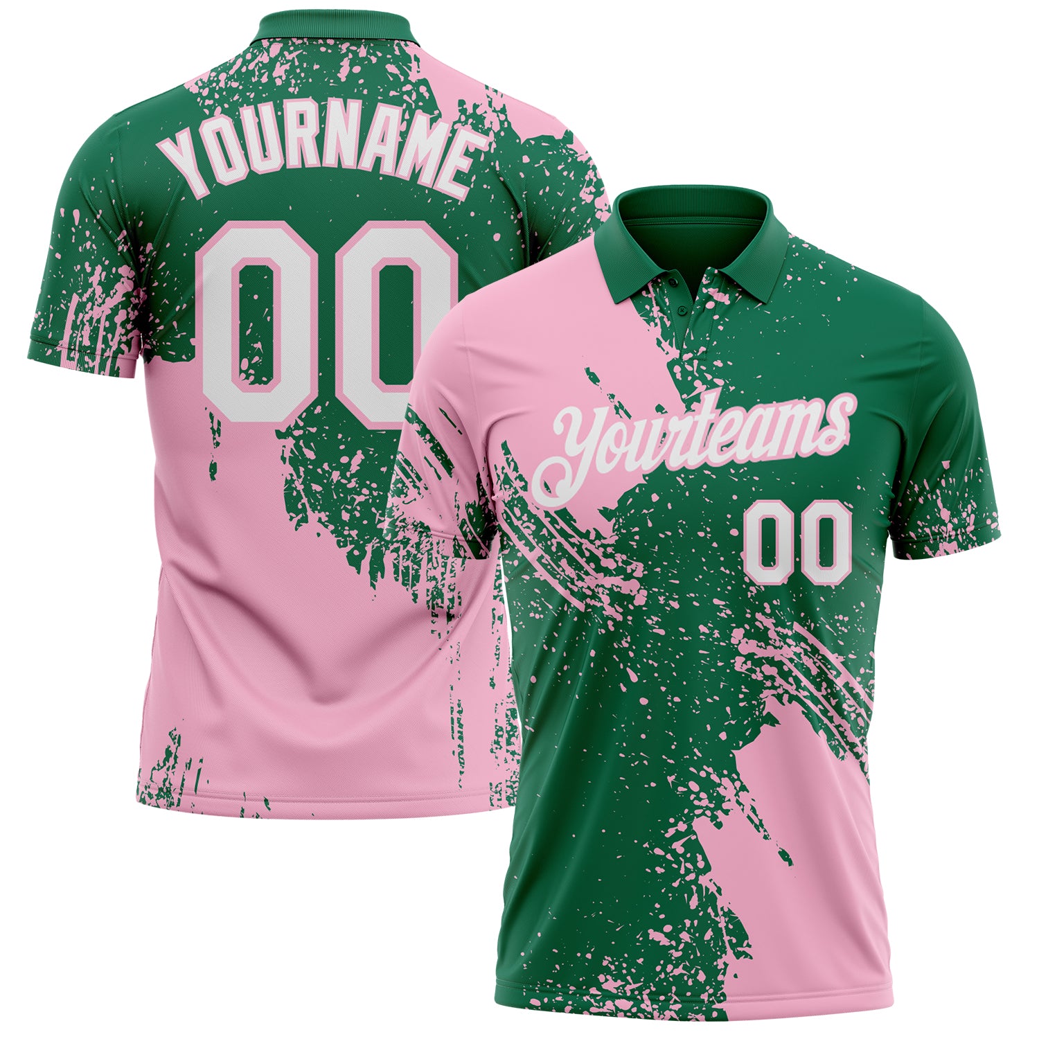 Custom Kelly Green White-Light Pink Distressed Scratch Brush Stroke Performance Polo Shirt