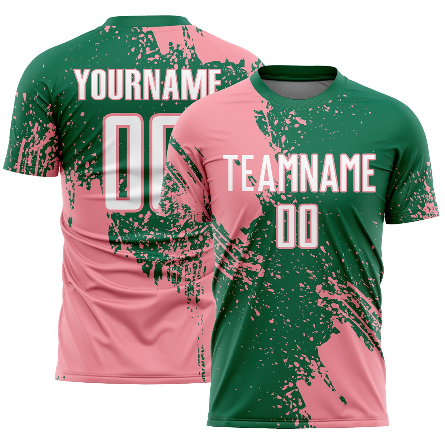 Custom Kelly Green White-Medium Pink Abstract Brush Stroke Sports Sublimation Soccer Uniform Jersey