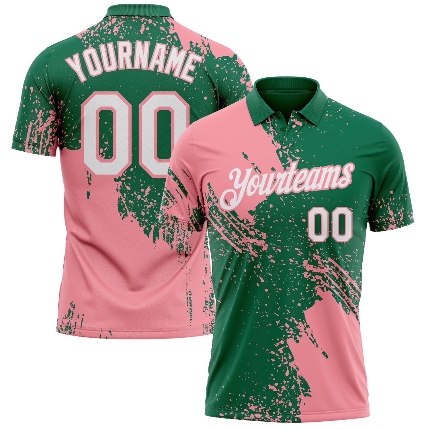 Custom Kelly Green White-Medium Pink Distressed Scratch Brush Stroke Performance Polo Shirt