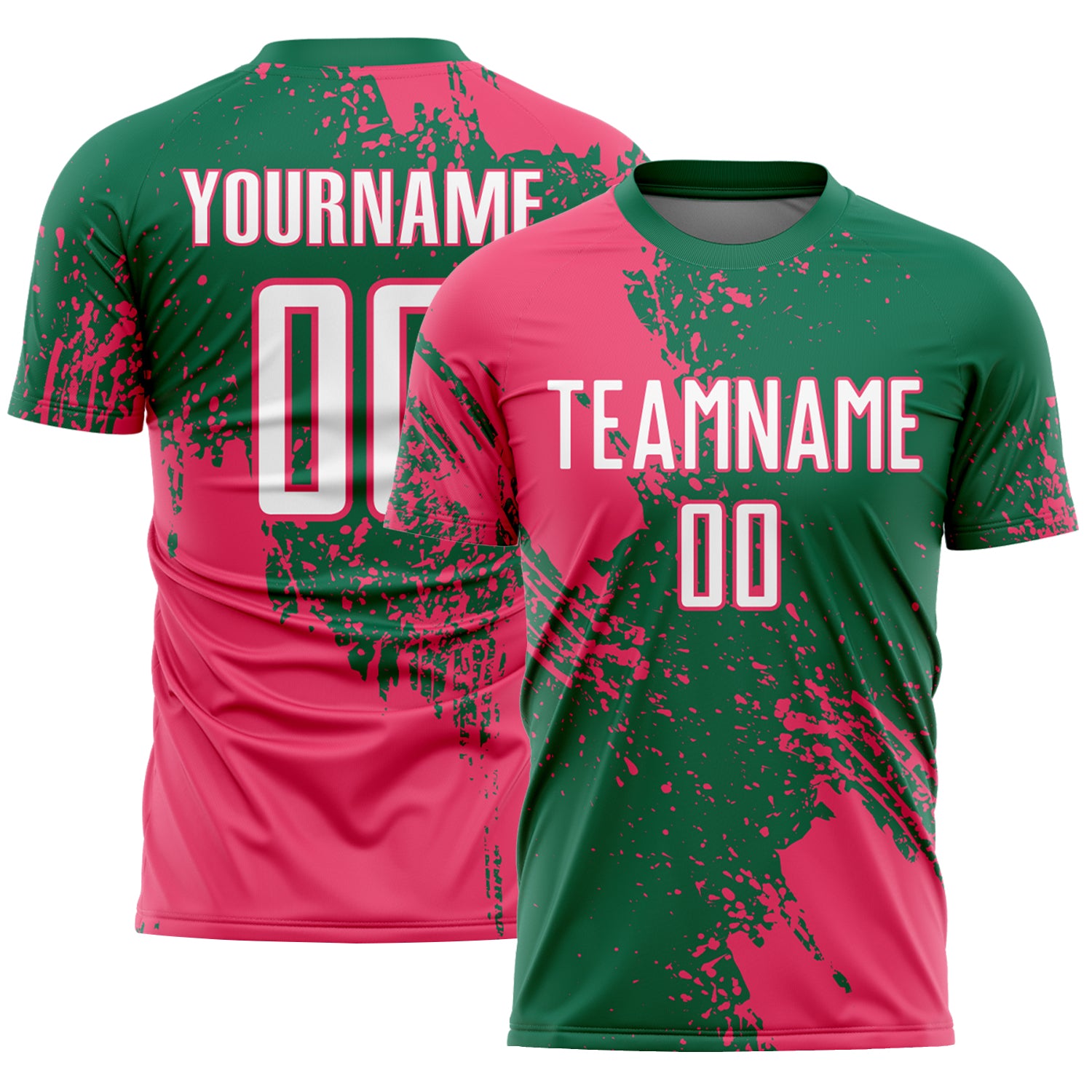 Custom Kelly Green White-Neon Pink Abstract Brush Stroke Sports Sublimation Soccer Uniform Jersey