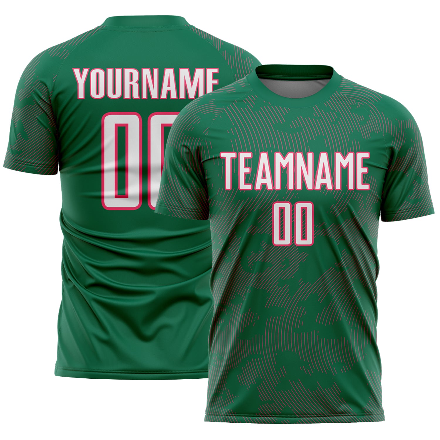 Custom Kelly Green White-Neon Pink Curve Lines Sublimation Soccer Uniform Jersey
