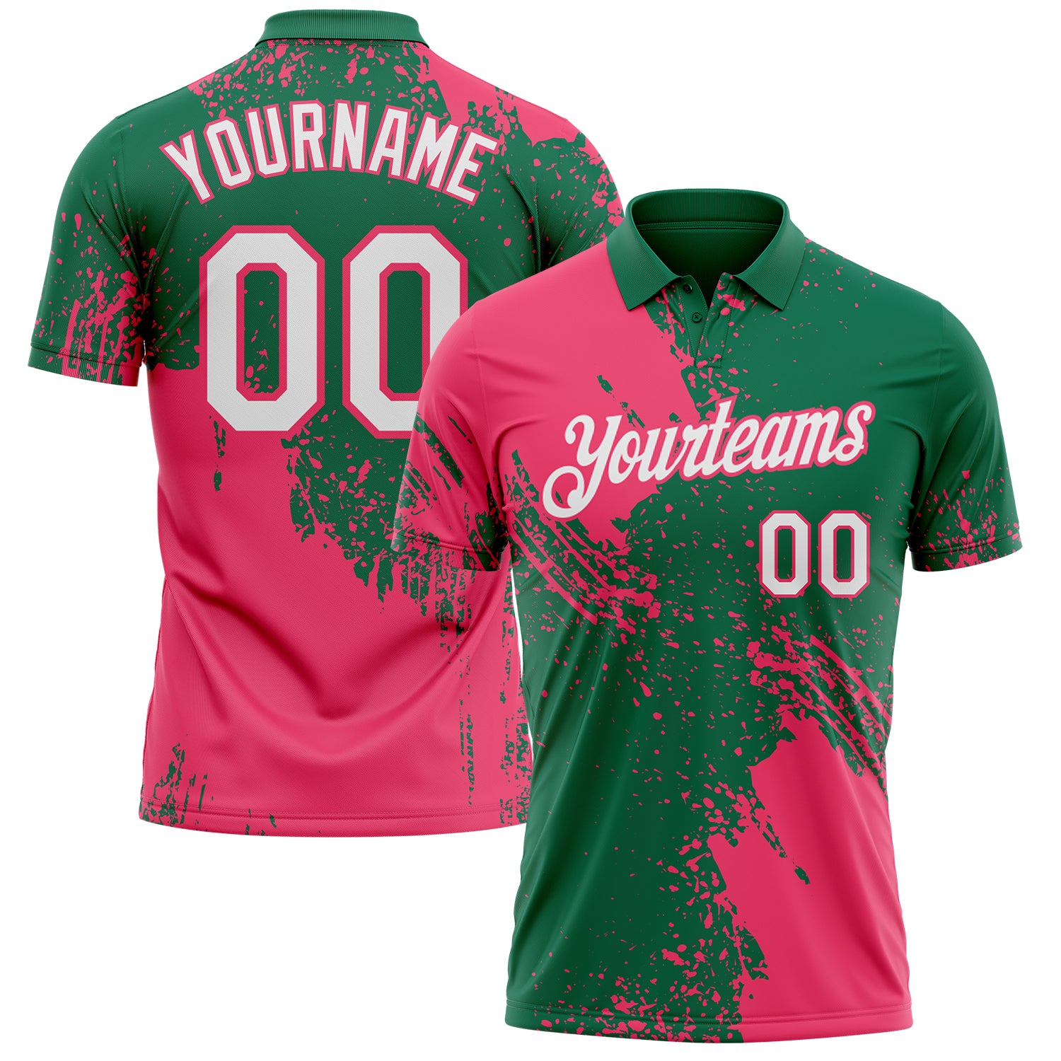 Custom Kelly Green White-Neon Pink Distressed Scratch Brush Stroke Performance Polo Shirt