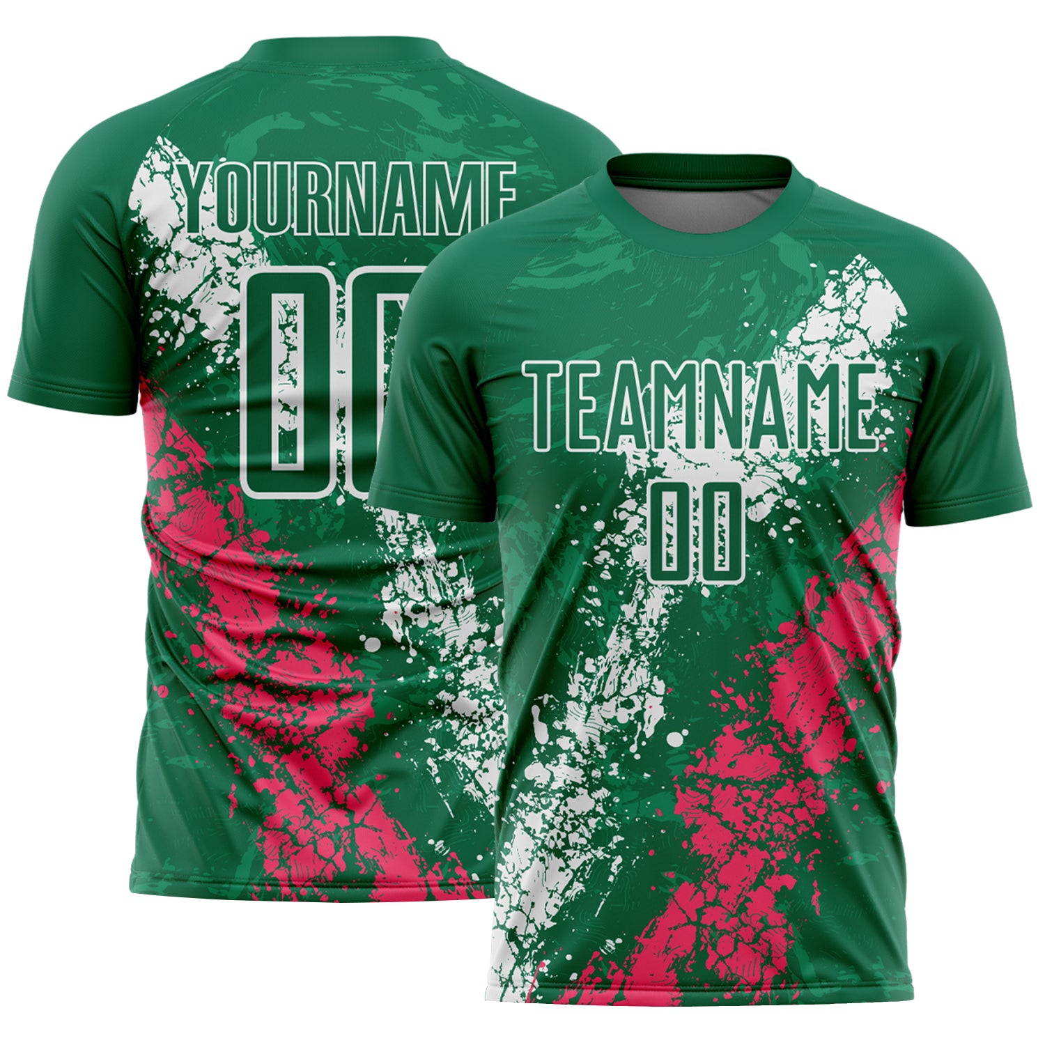 Custom Kelly Green White-Neon Pink Dripping Splatter Cracked Texture Sublimation Soccer Uniform Jersey