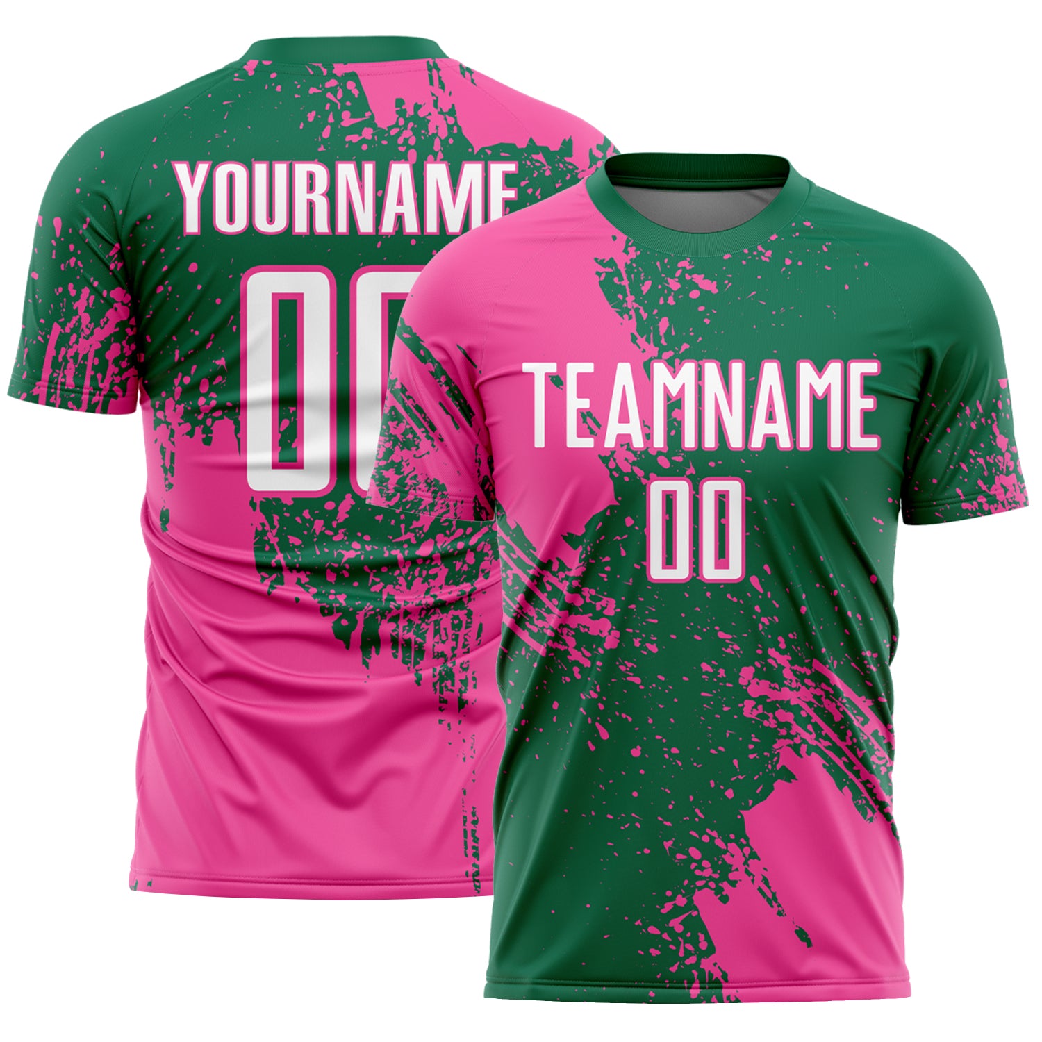 Custom Kelly Green White-Pink Abstract Brush Stroke Sports Sublimation Soccer Uniform Jersey