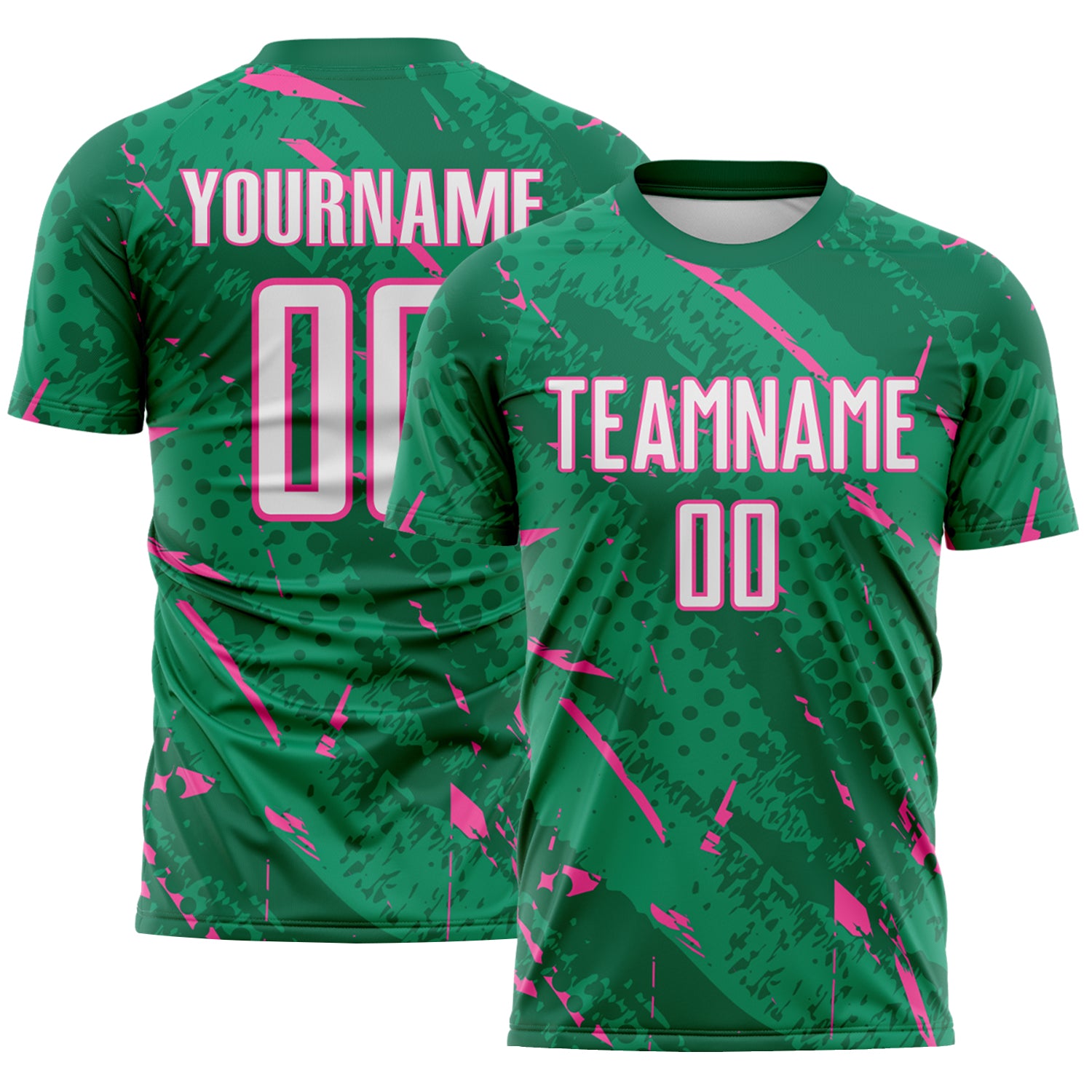 Custom Kelly Green White-Pink Brush Stroke Slashes And Dot Grid Sublimation Soccer Uniform Jersey