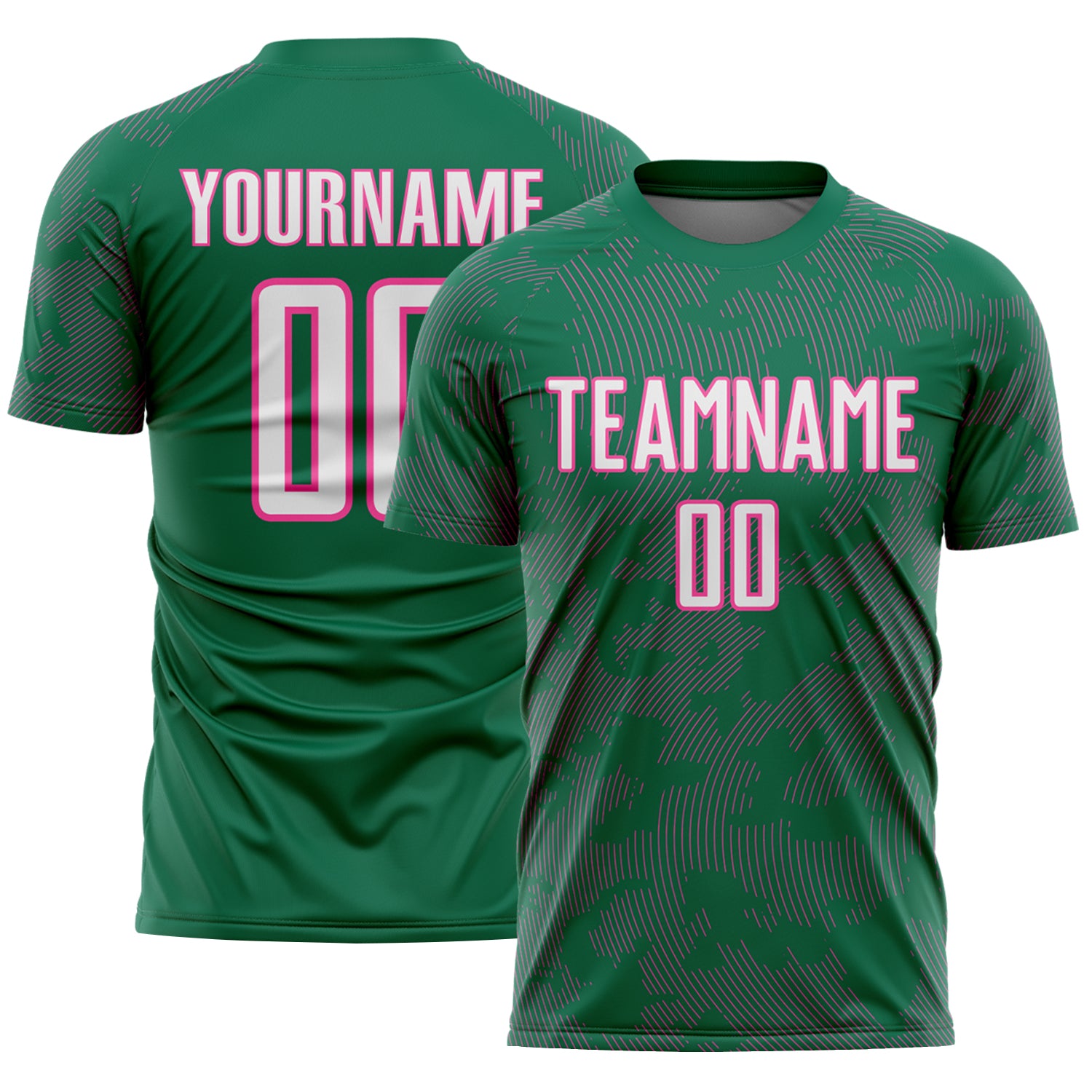 Custom Kelly Green White-Pink Curve Lines Sublimation Soccer Uniform Jersey