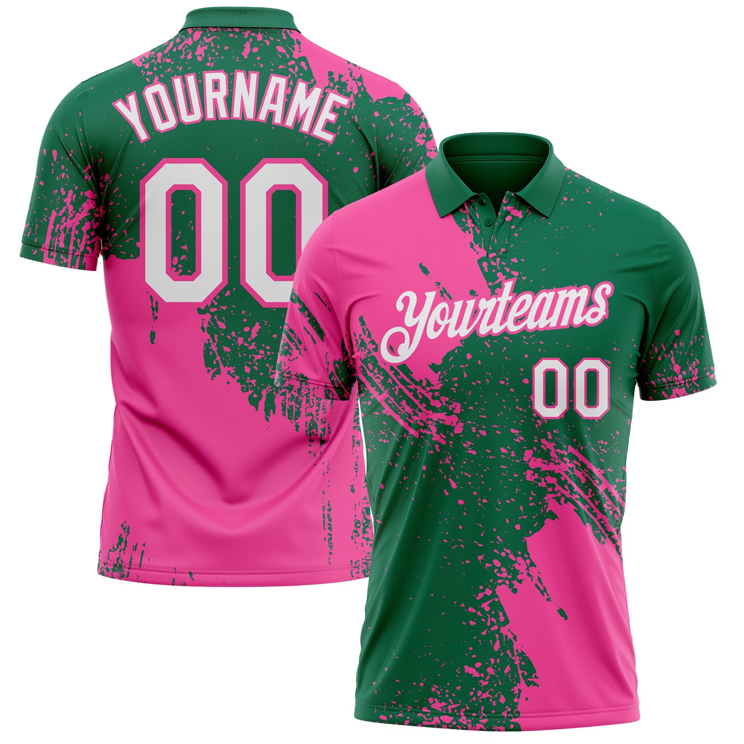 Custom Kelly Green White-Pink Distressed Scratch Brush Stroke Performance Polo Shirt