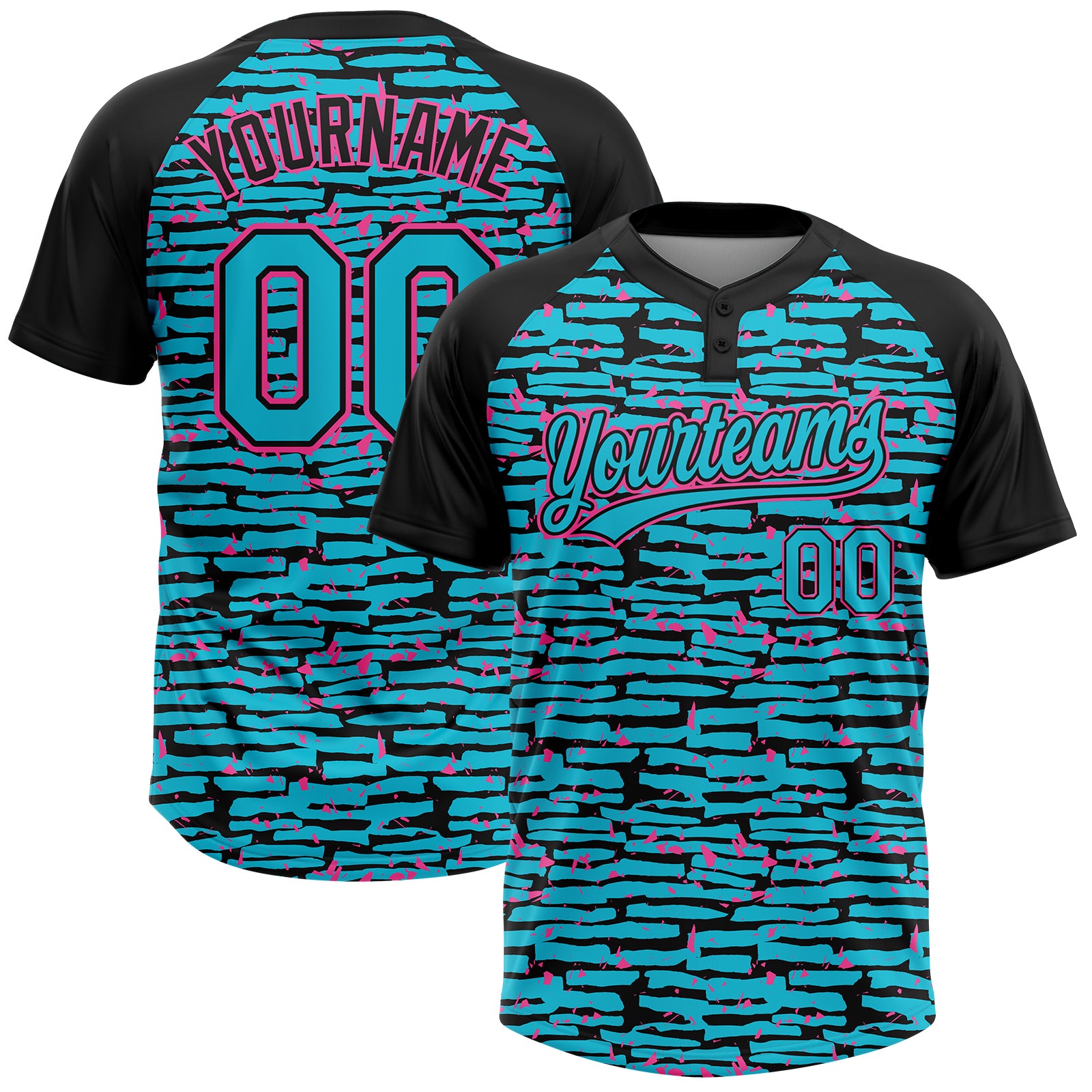 Custom Lakes Blue Black-Pink Raglan Sleeves Distressed Fragment Brush Stroke Two-Button Unisex Softball Jersey
