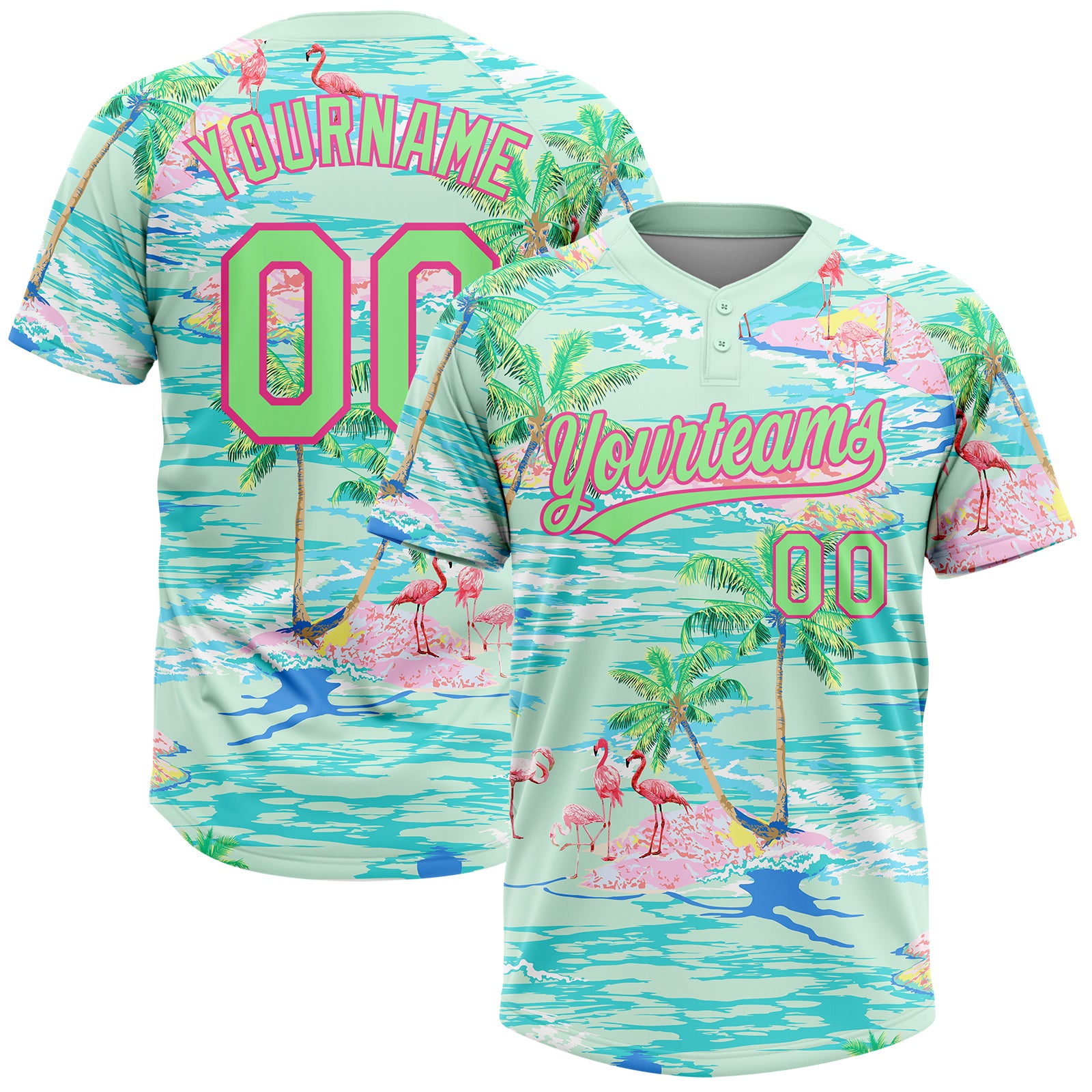 Custom Lakes Blue Pea Green-Pink Beach Hawaii Palm Trees And Flamingo Two-Button Unisex Softball Jersey