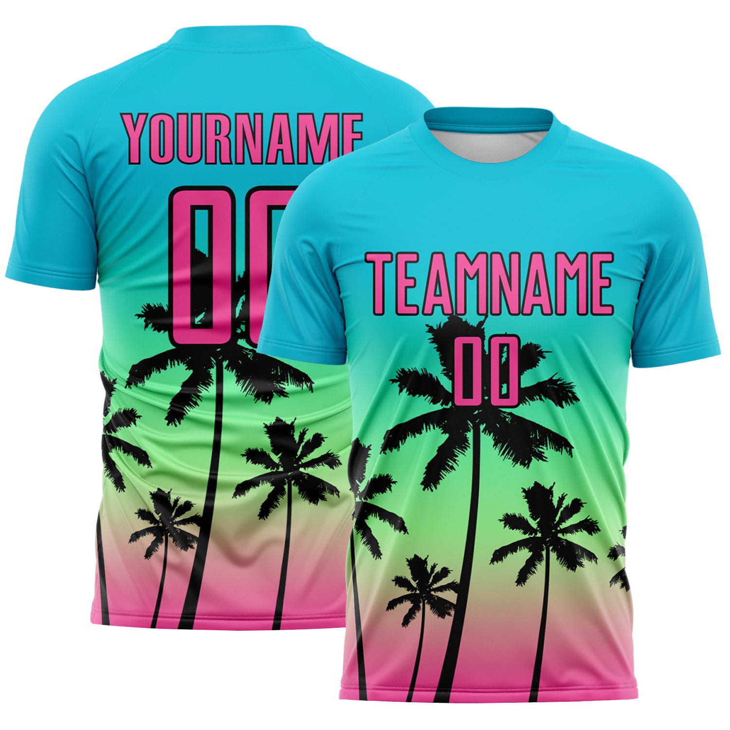 Custom Lakes Blue Pink Pea Green-Black Tropical Hawaii Palm Trees Gradient Sublimation Soccer Uniform Jersey