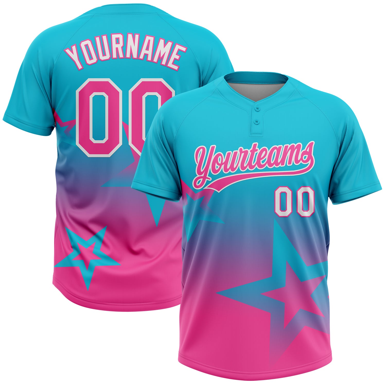 Custom Lakes Blue Pink-White Gradient Style Twinkle Star Two-Button Unisex Softball Jersey