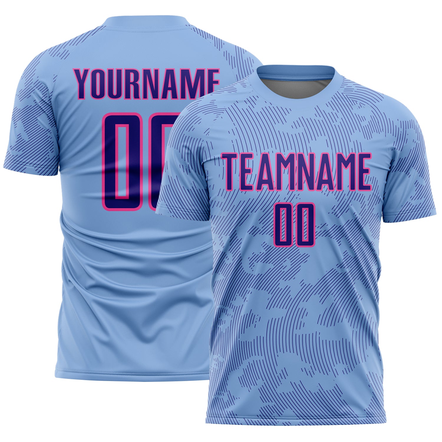 Custom Light Blue Dark Purple-Pink Curve Lines Sublimation Soccer Uniform Jersey